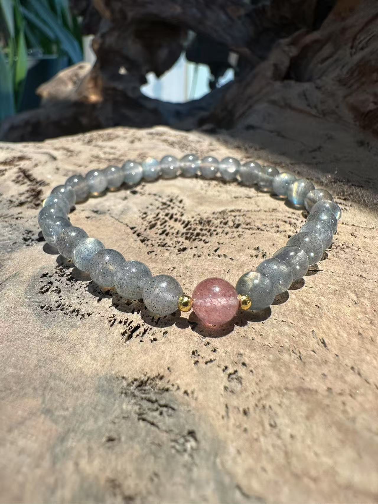 Natural Labradorite and Strawberry Quartz Accent Bracelet