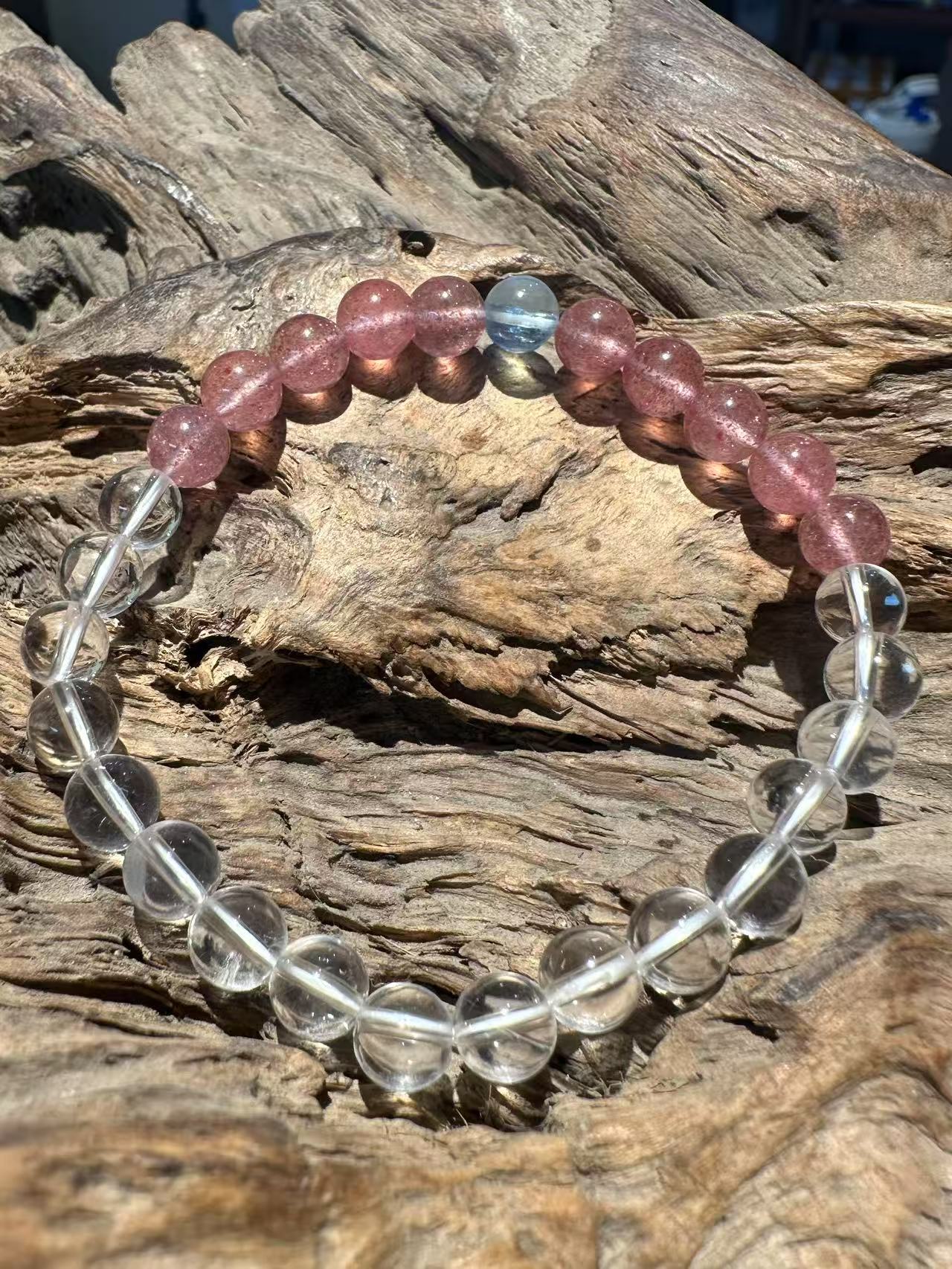 Natural Crystal Trio Bracelet: Clear Quartz, Strawberry Quartz & Aquamarine