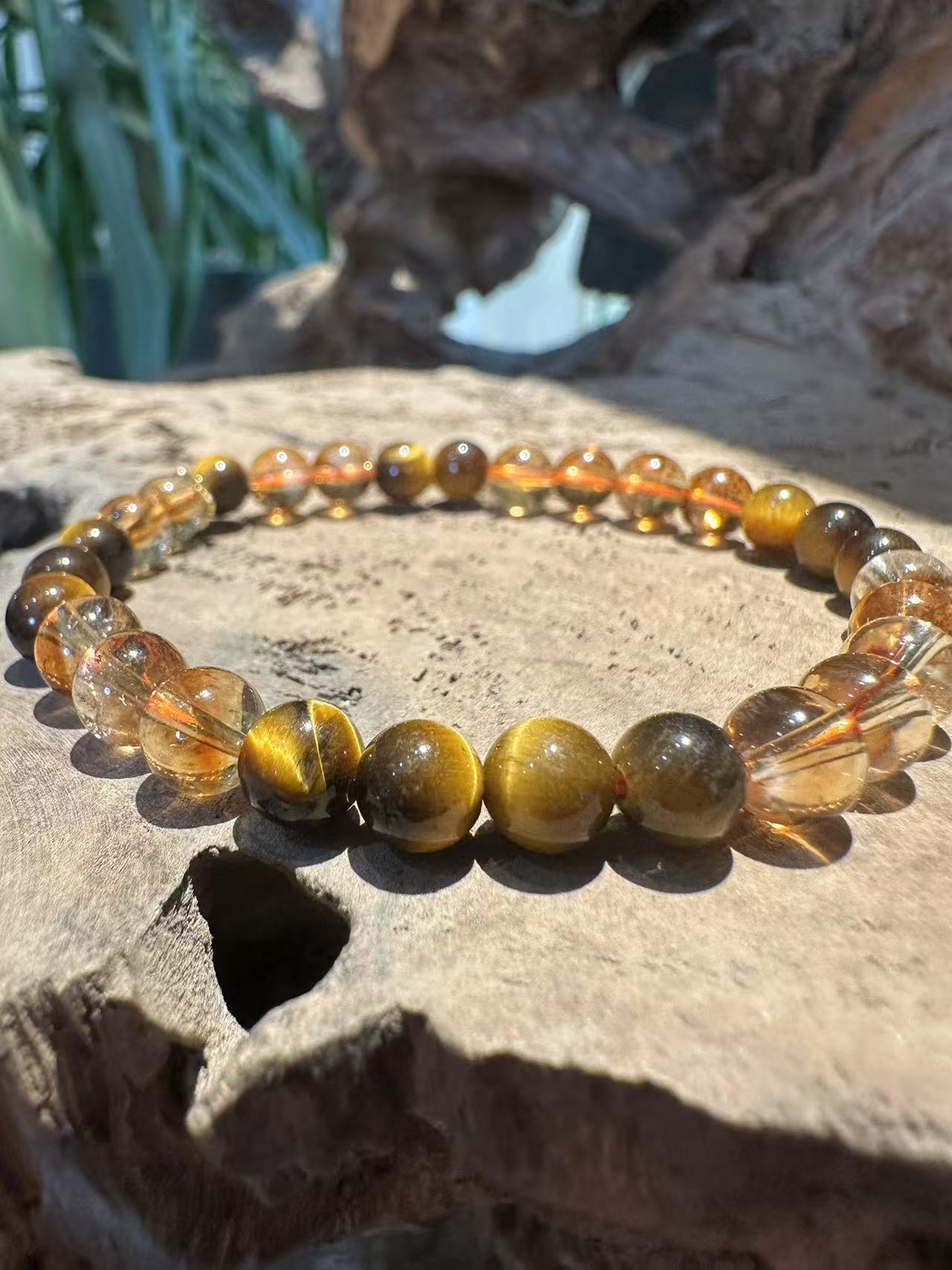 Natural Golden Tiger's Eye and Rutilated Quartz Bracelet