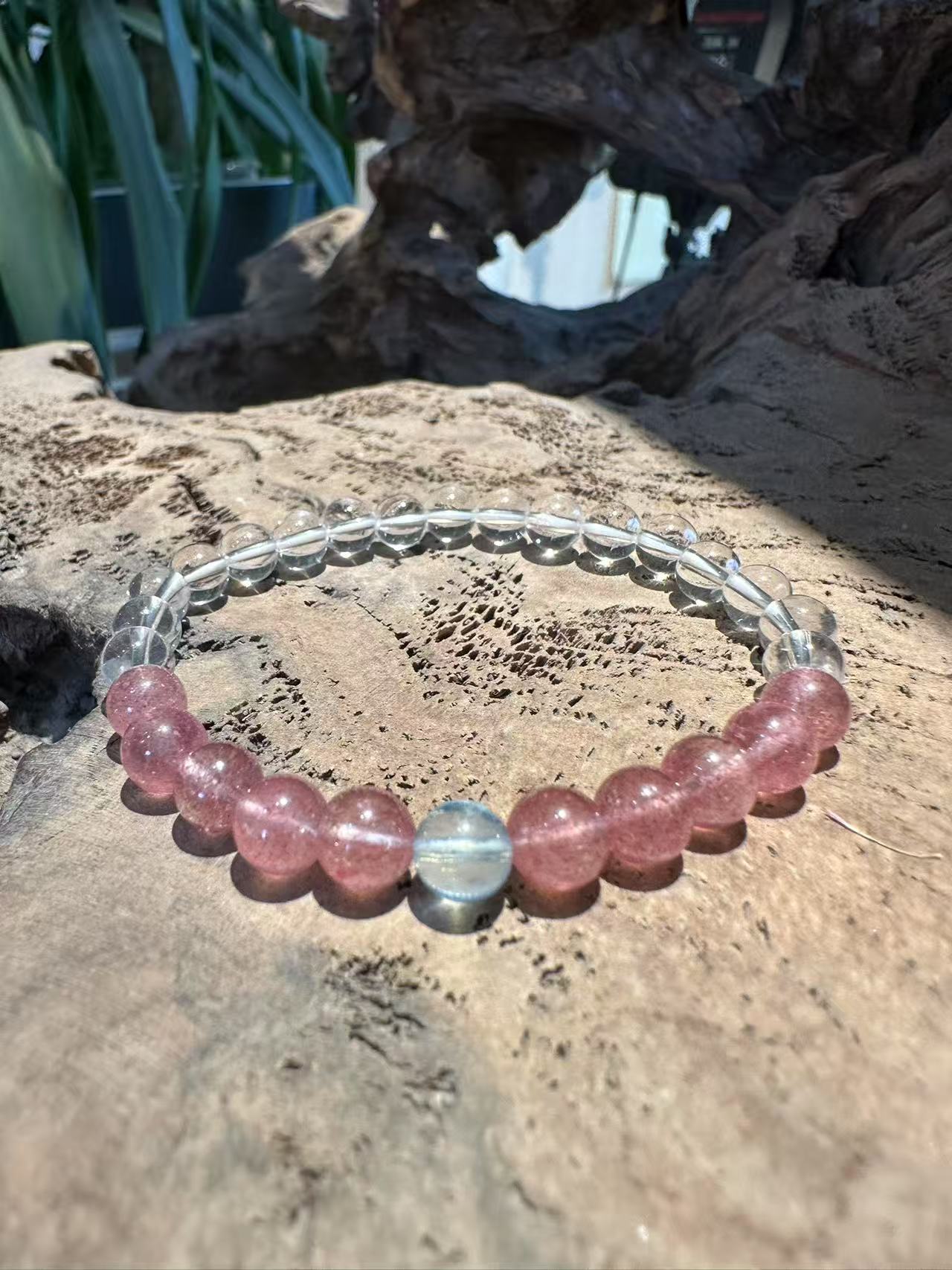 Natural Crystal Trio Bracelet: Clear Quartz, Strawberry Quartz & Aquamarine