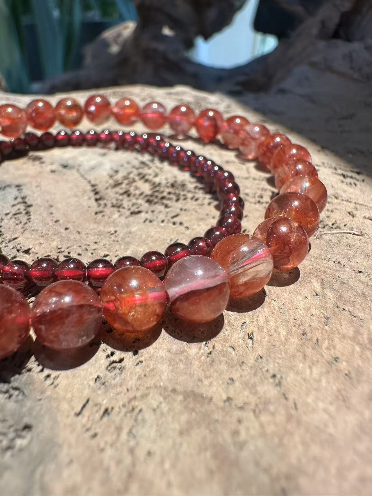 Fiery Natural Crystal Bracelet Set: Strawberry Quartz & Garnet with Matching Ring