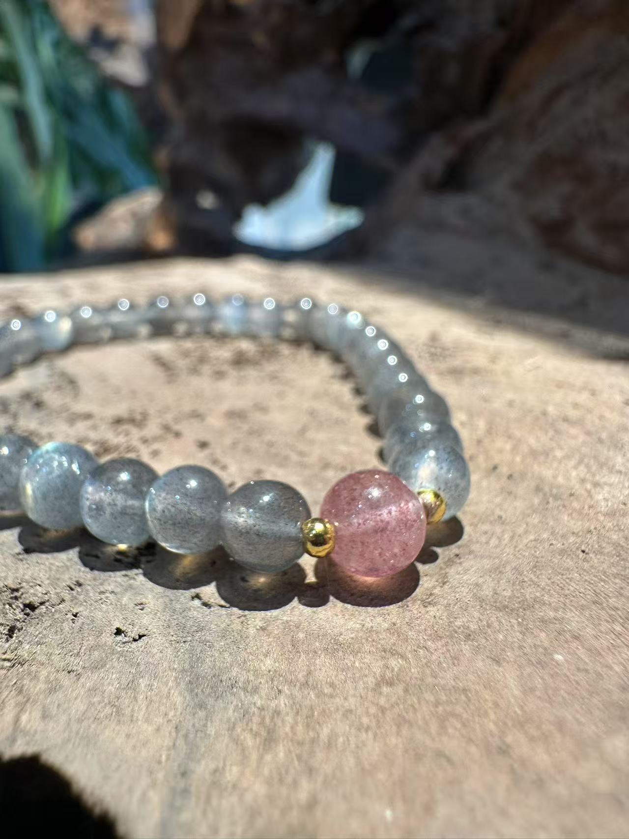 Natural Labradorite and Strawberry Quartz Accent Bracelet