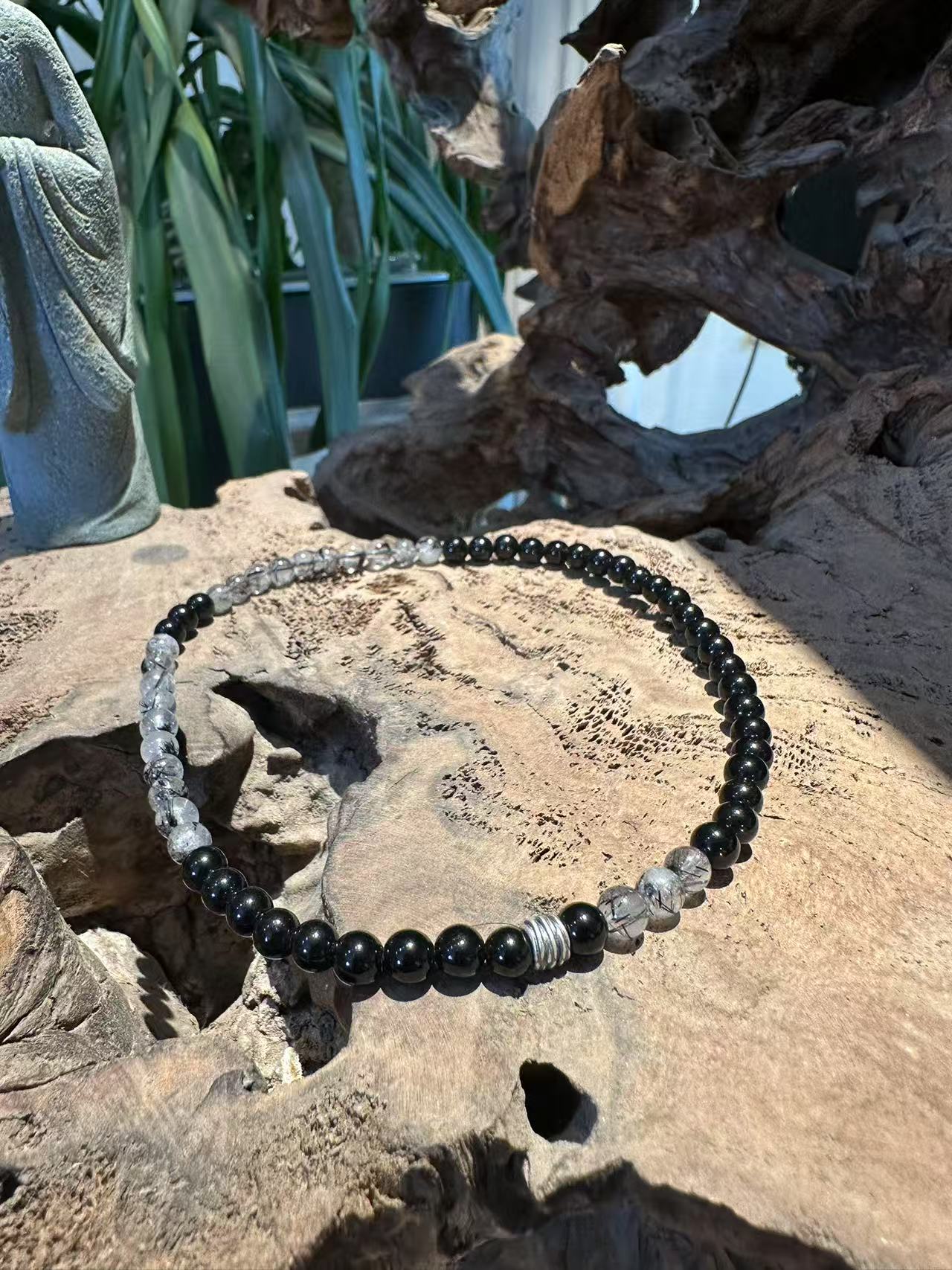 Dual Strand Natural Crystal Bracelet Set: Black Obsidian & Tourmalinated Quartz