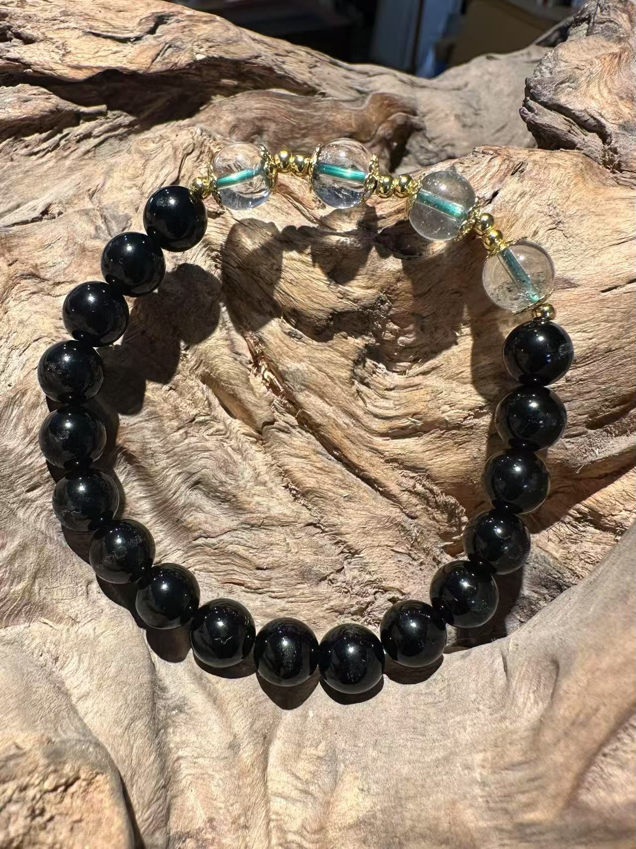 Natural Black Obsidian & Green Phantom Quartz Bracelet
