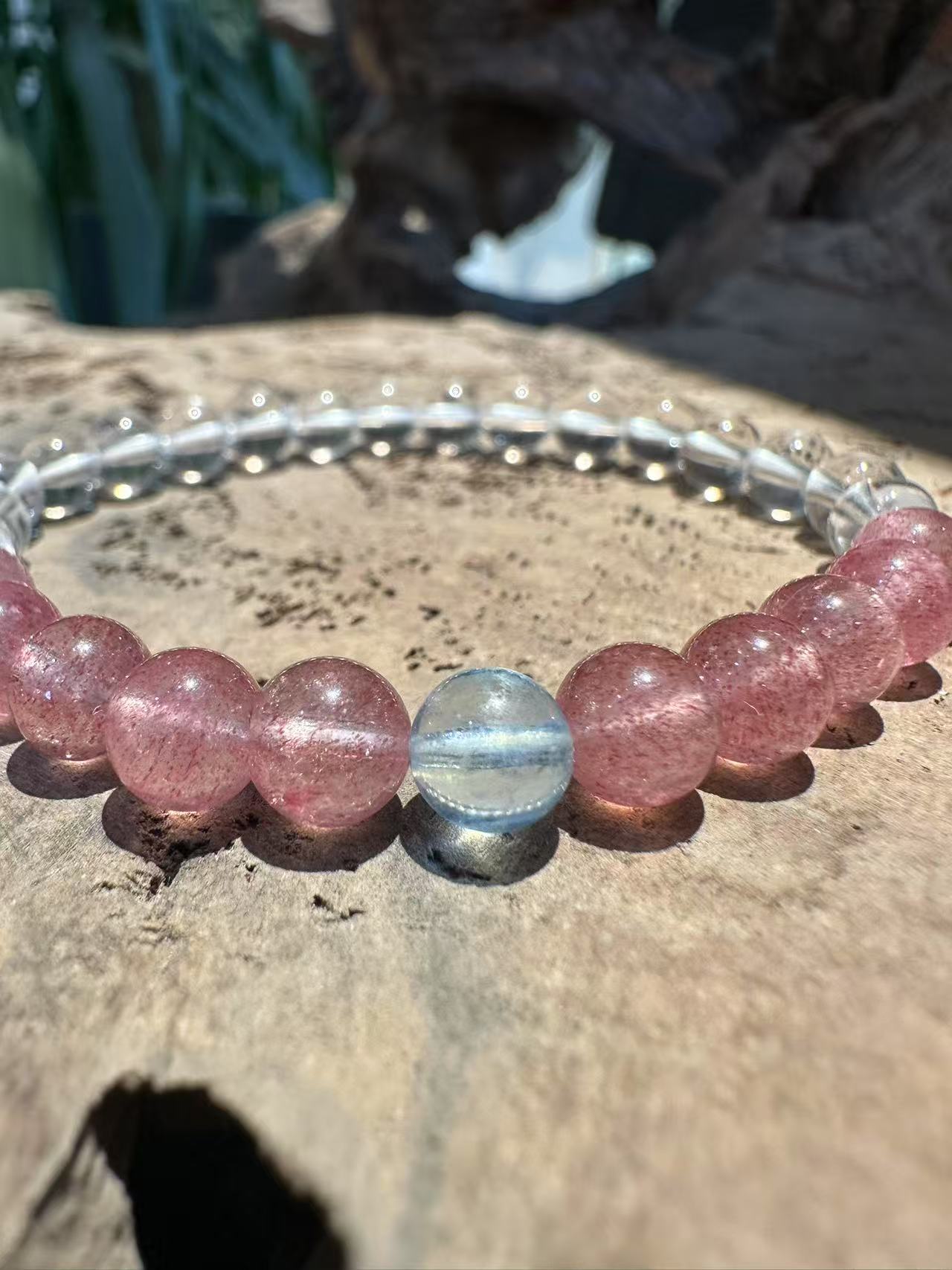 Natural Crystal Trio Bracelet: Clear Quartz, Strawberry Quartz & Aquamarine