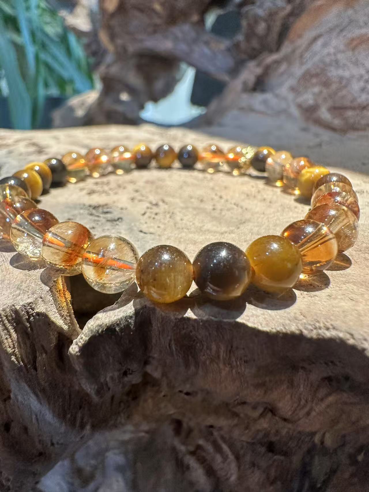 Natural Golden Tiger's Eye and Rutilated Quartz Bracelet