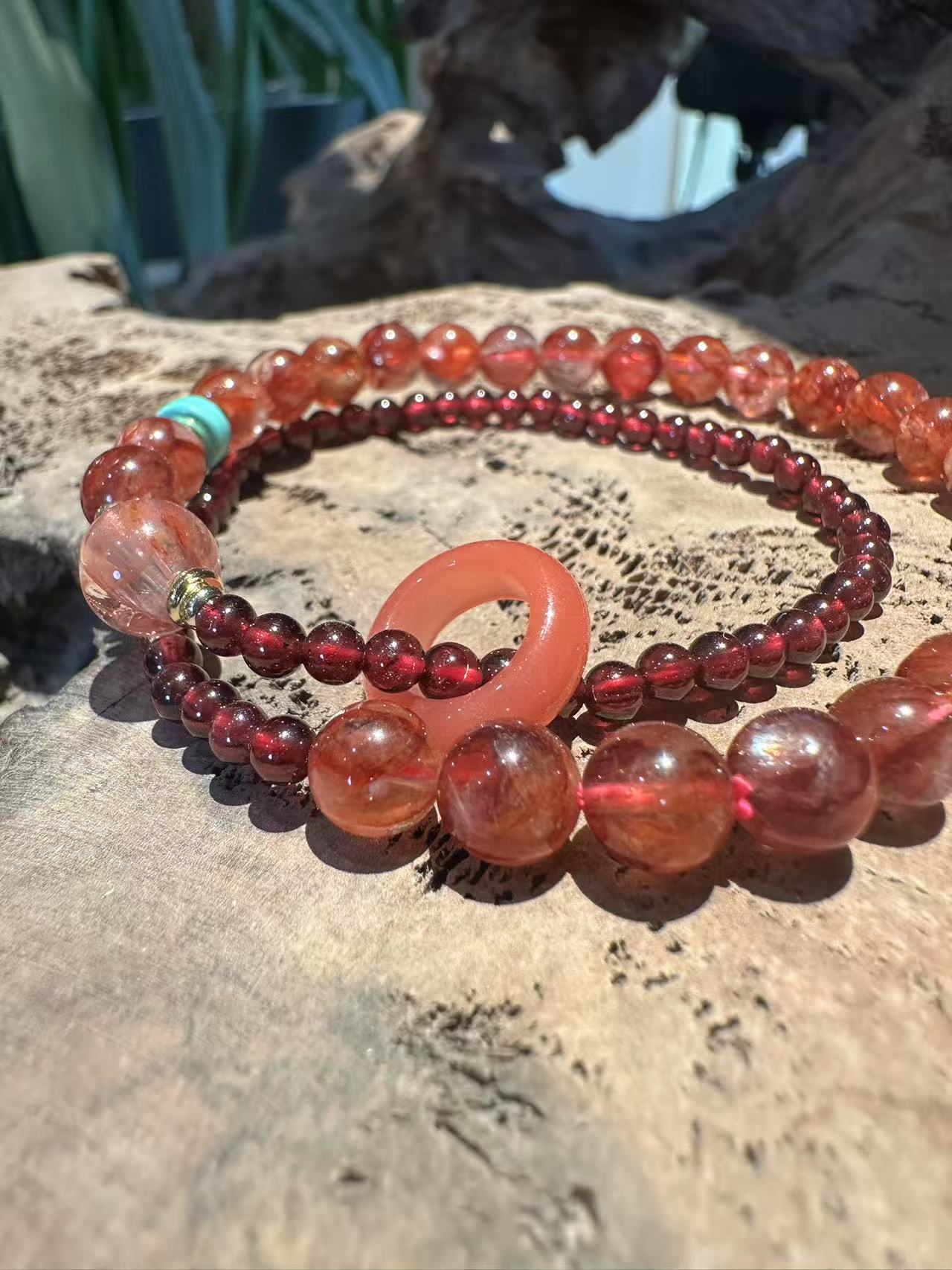 Fiery Natural Crystal Bracelet Set: Strawberry Quartz & Garnet with Matching Ring