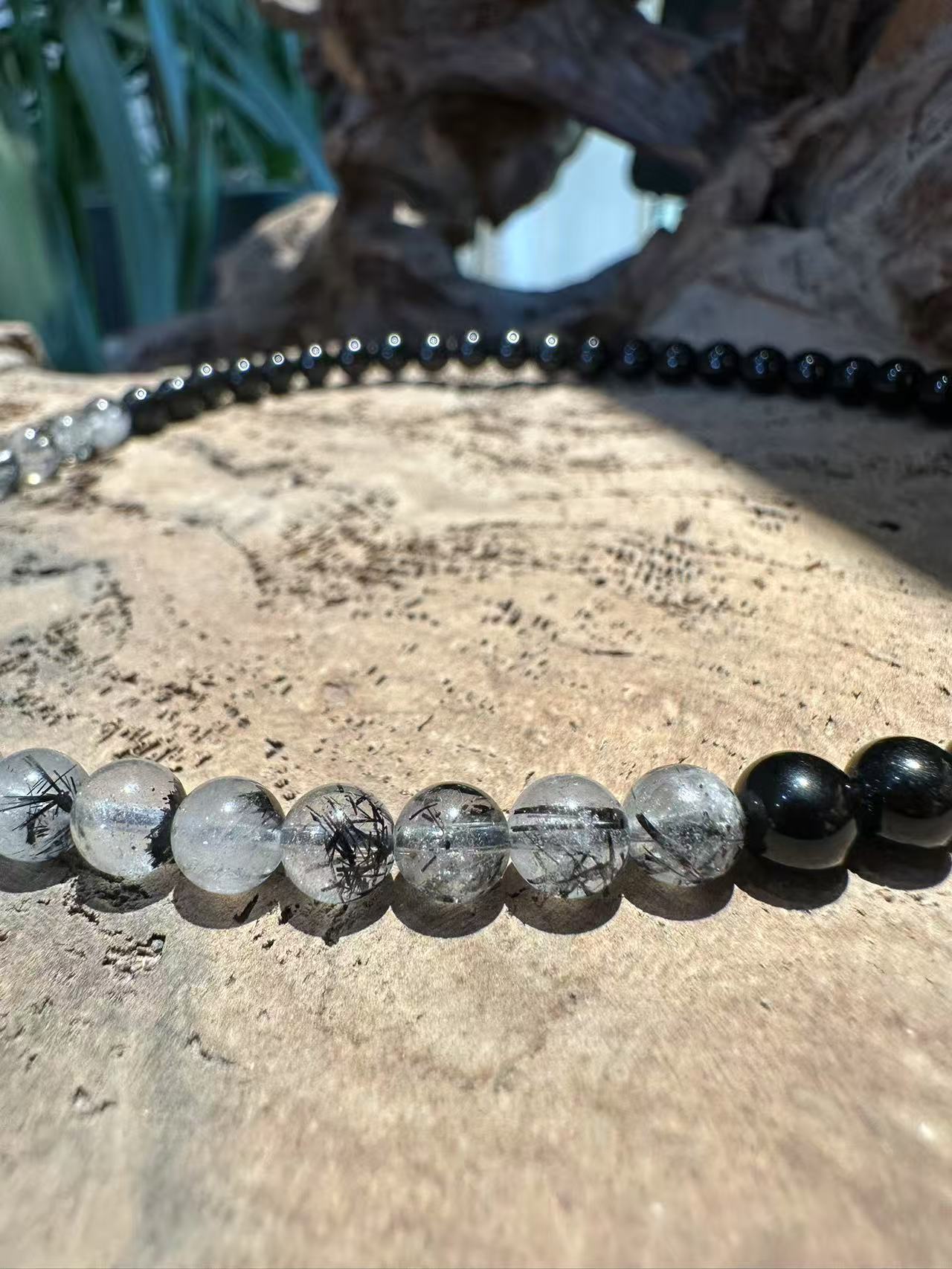 Dual Strand Natural Crystal Bracelet Set: Black Obsidian & Tourmalinated Quartz