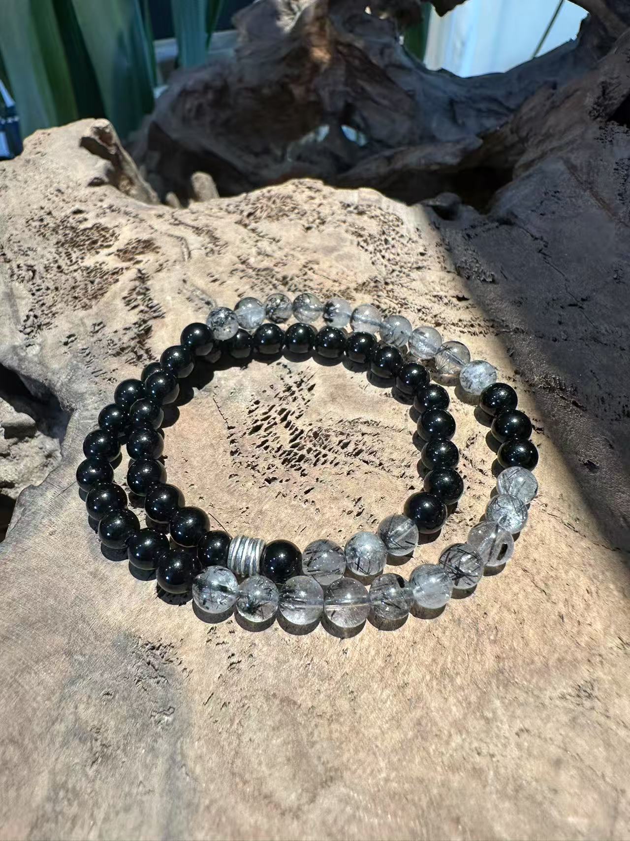 Dual Strand Natural Crystal Bracelet Set: Black Obsidian & Tourmalinated Quartz