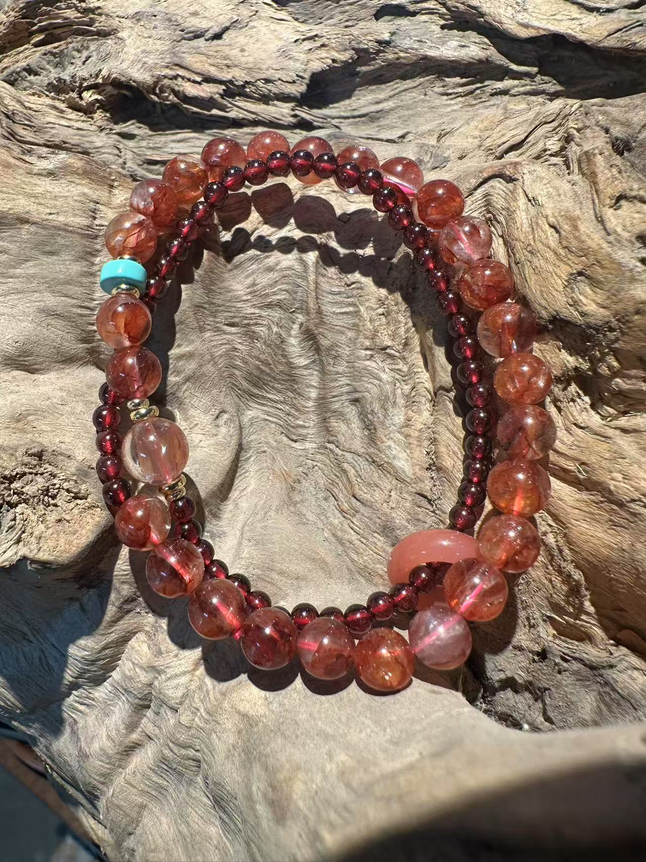 Fiery Natural Crystal Bracelet Set: Strawberry Quartz & Garnet with Matching Ring