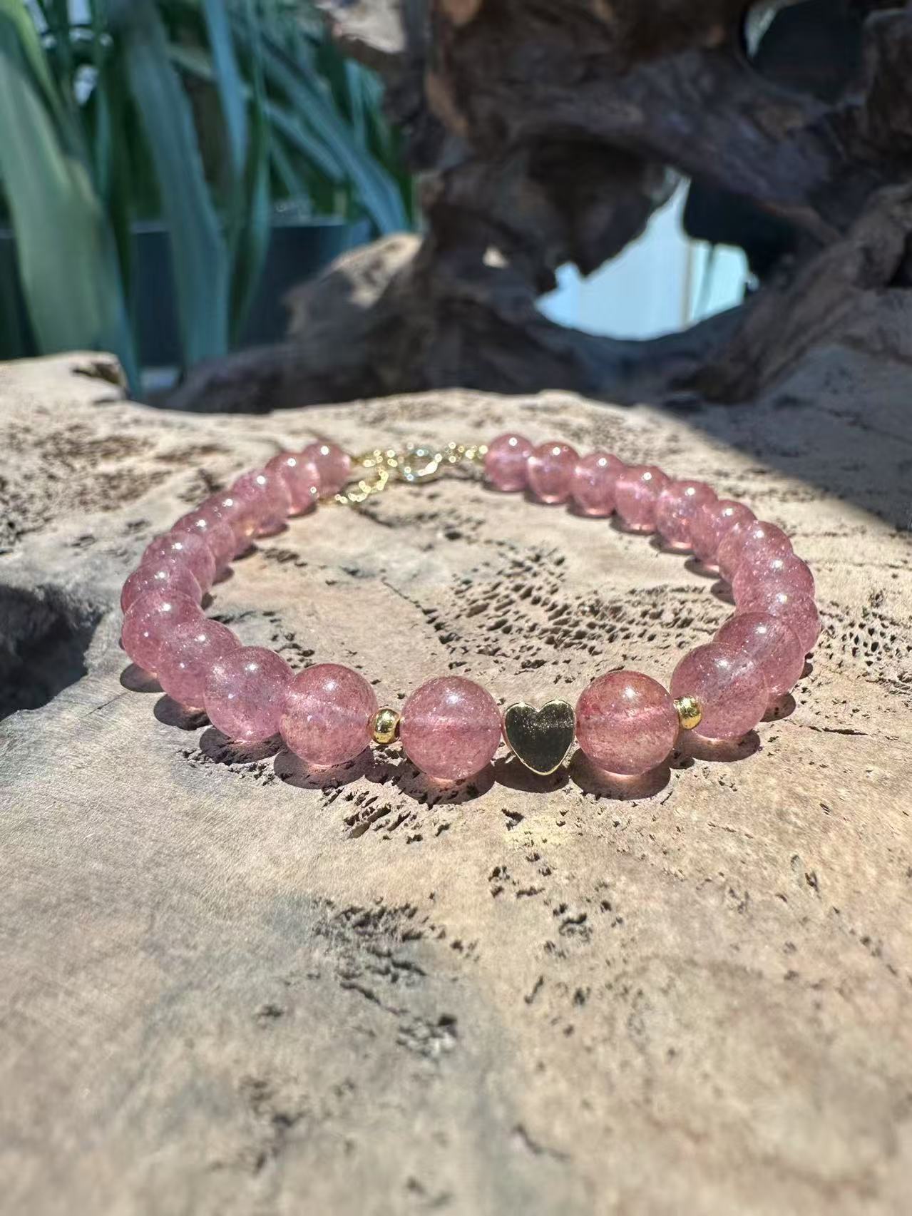 Natural Strawberry Quartz Bracelet with Gold Heart Charm