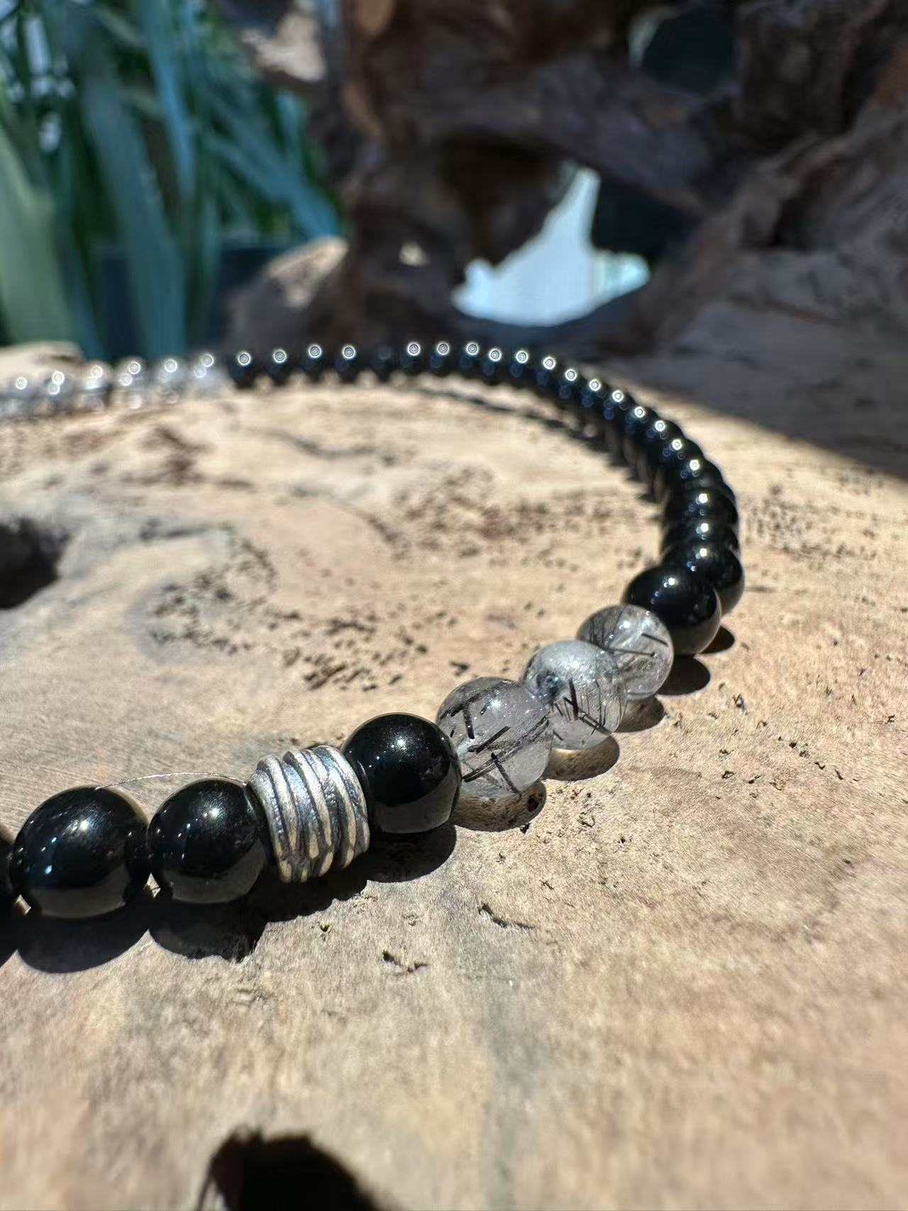 Dual Strand Natural Crystal Bracelet Set: Black Obsidian & Tourmalinated Quartz