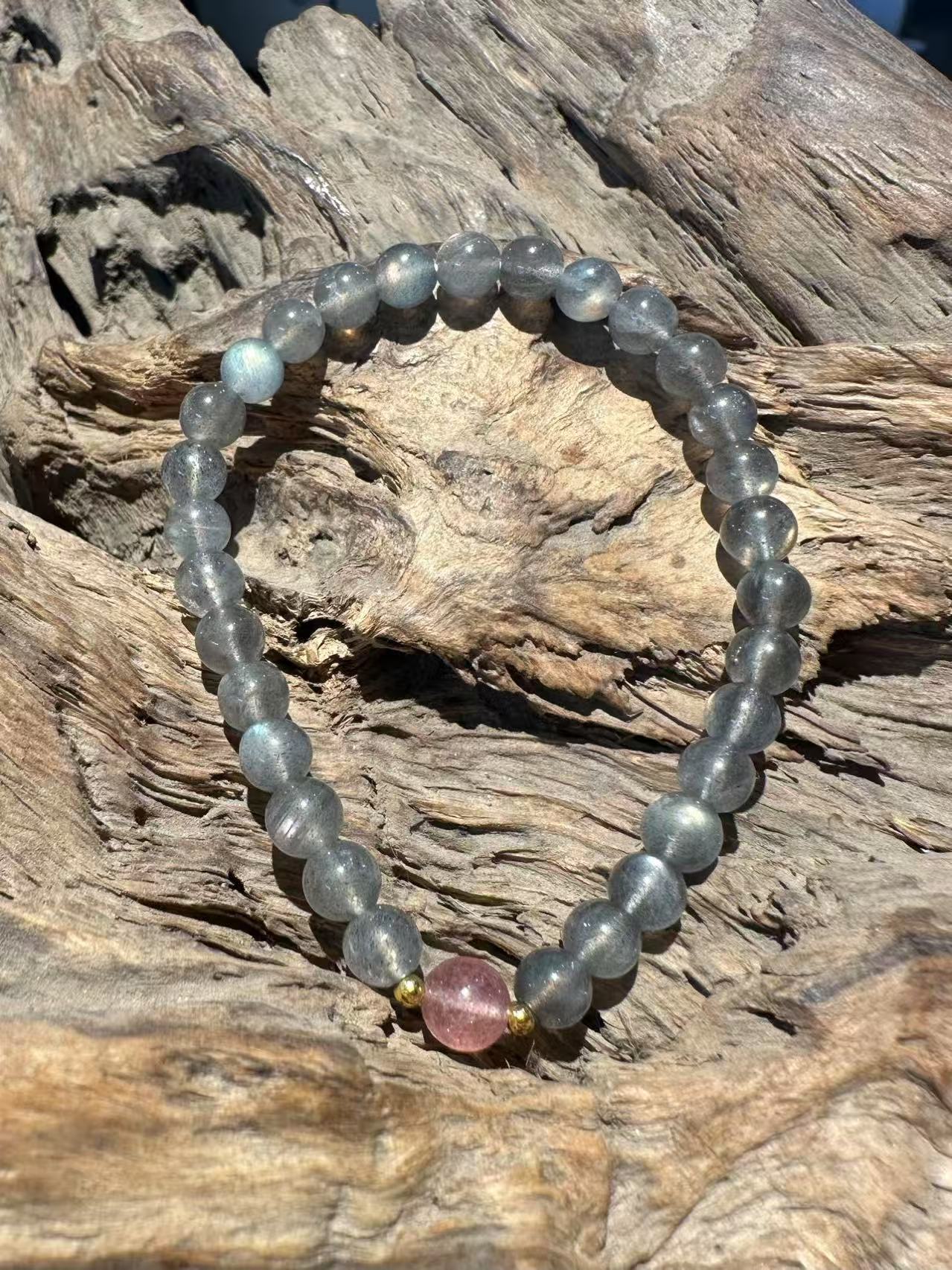 Natural Labradorite and Strawberry Quartz Accent Bracelet