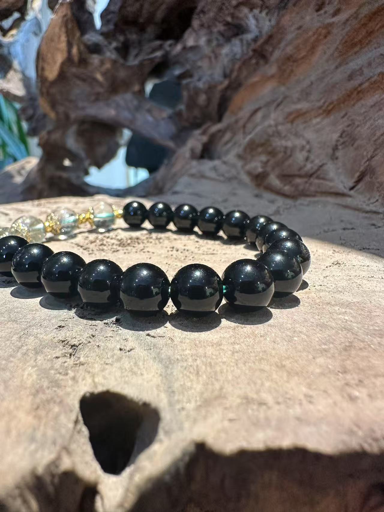 Natural Black Obsidian & Green Phantom Quartz Bracelet