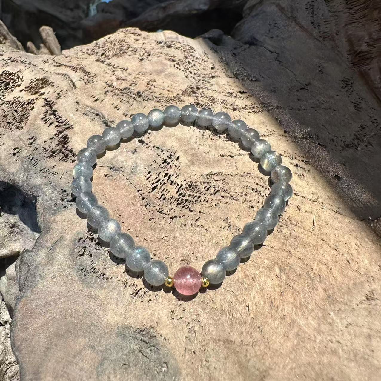 Natural Labradorite and Strawberry Quartz Accent Bracelet
