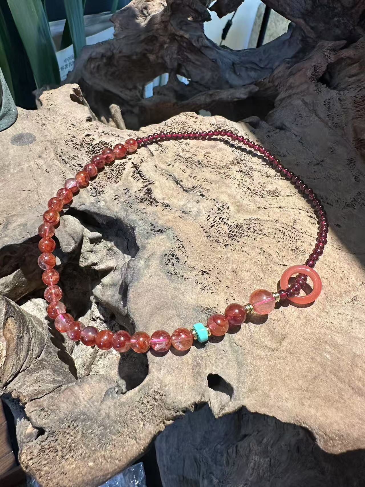 Fiery Natural Crystal Bracelet Set: Strawberry Quartz & Garnet with Matching Ring