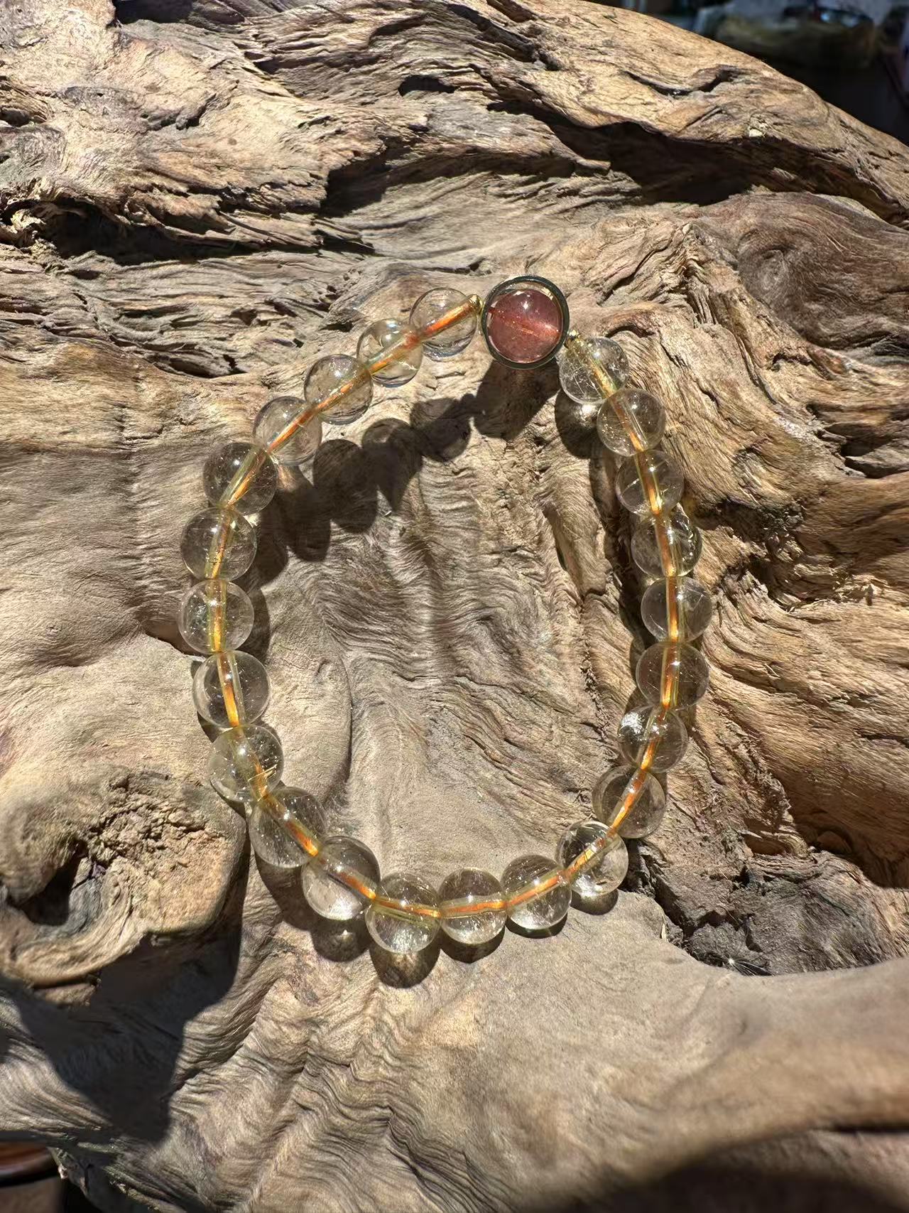 Natural Rutilated Quartz Bracelet with Red Hematite Inclusion Sphere