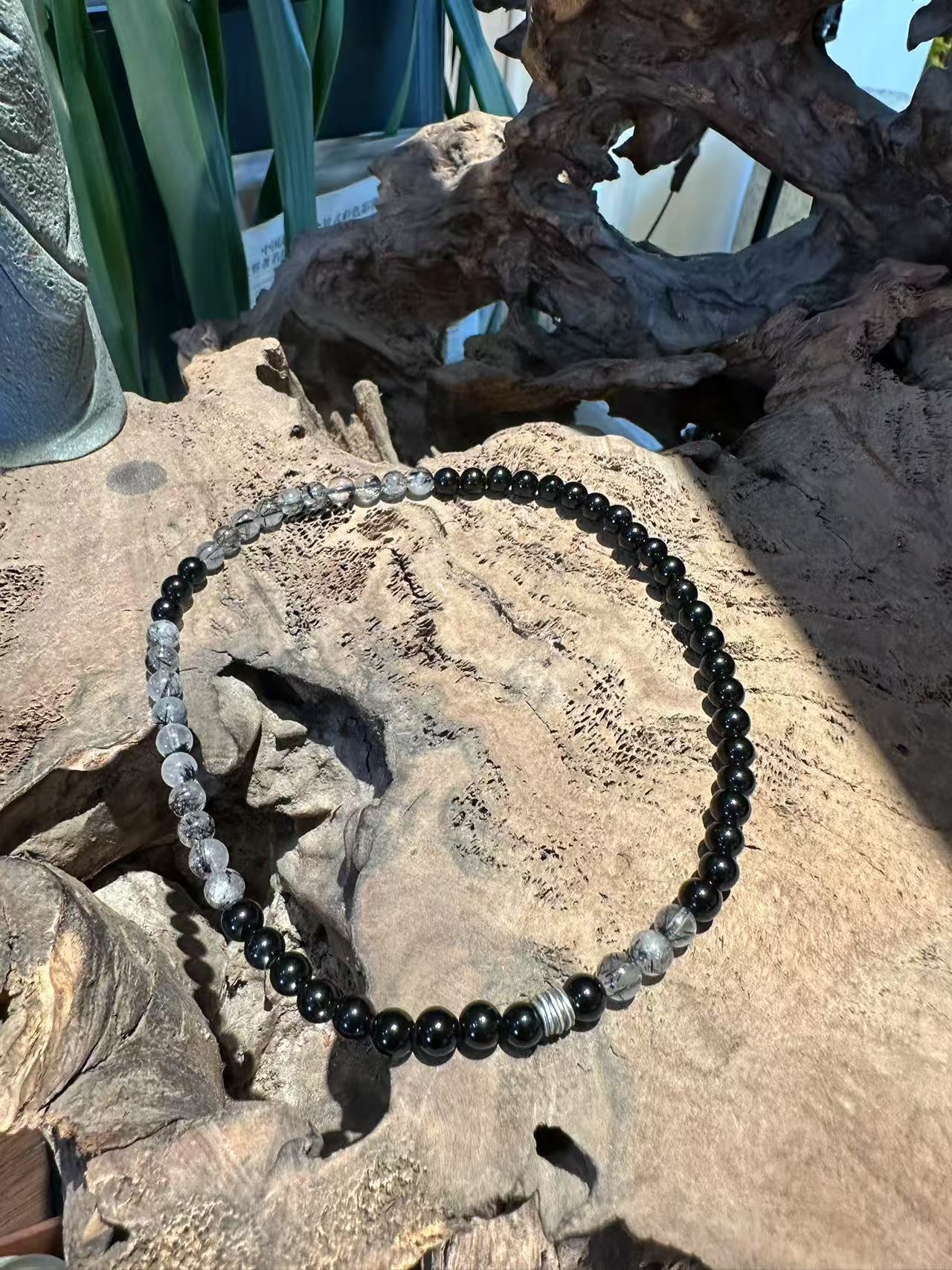 Dual Strand Natural Crystal Bracelet Set: Black Obsidian & Tourmalinated Quartz