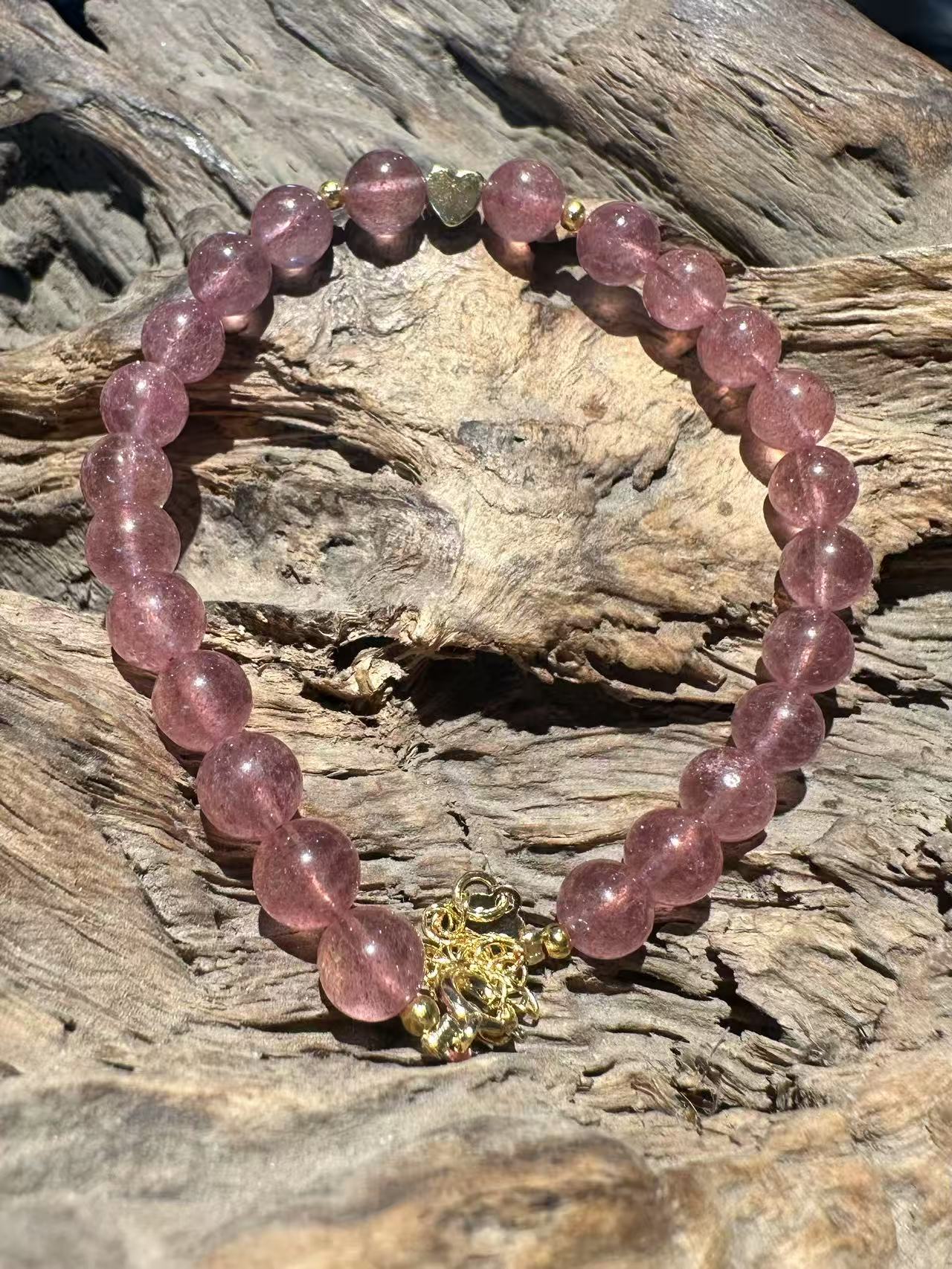 Natural Strawberry Quartz Bracelet with Gold Heart Charm