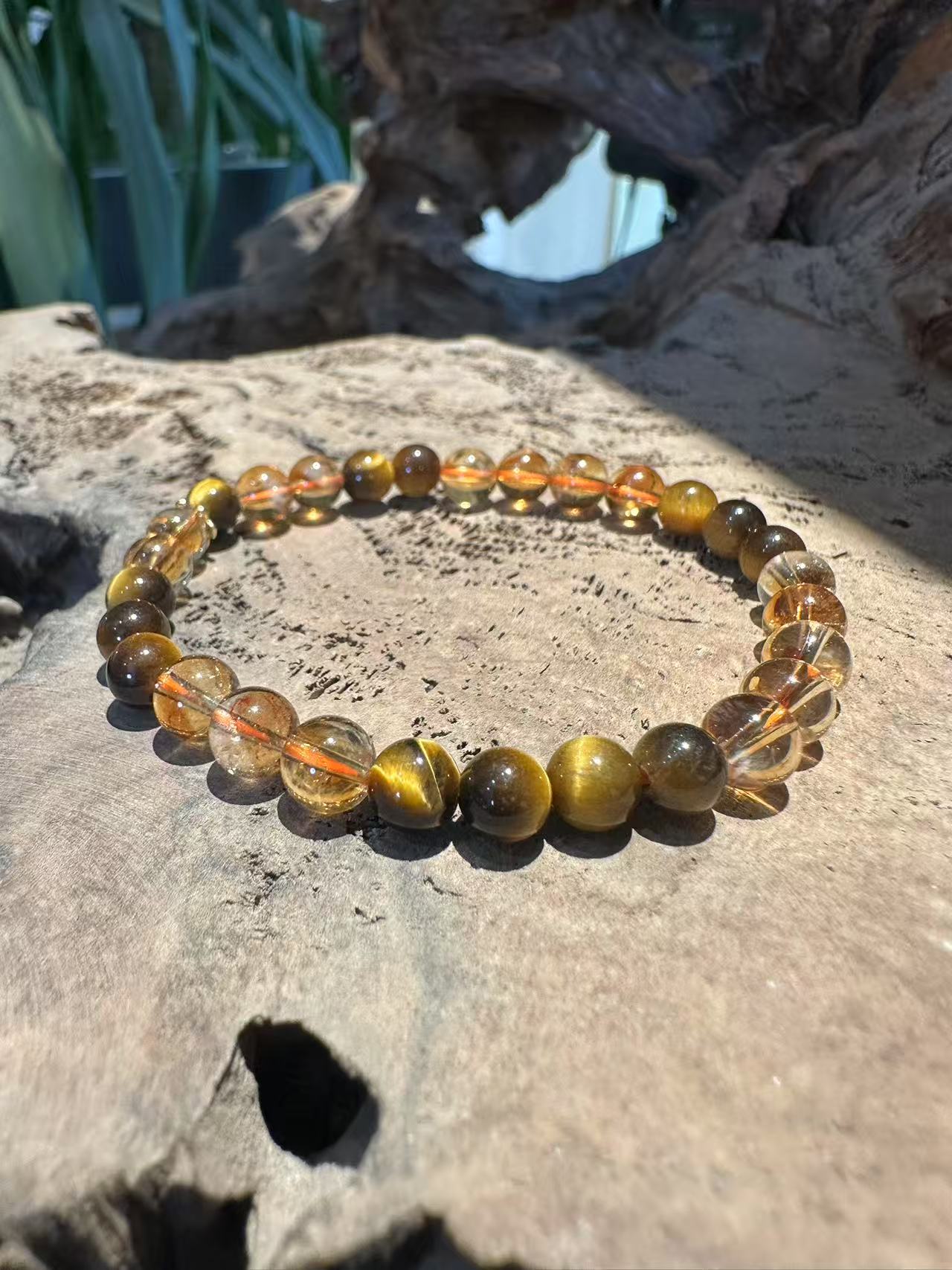 Natural Golden Tiger's Eye and Rutilated Quartz Bracelet