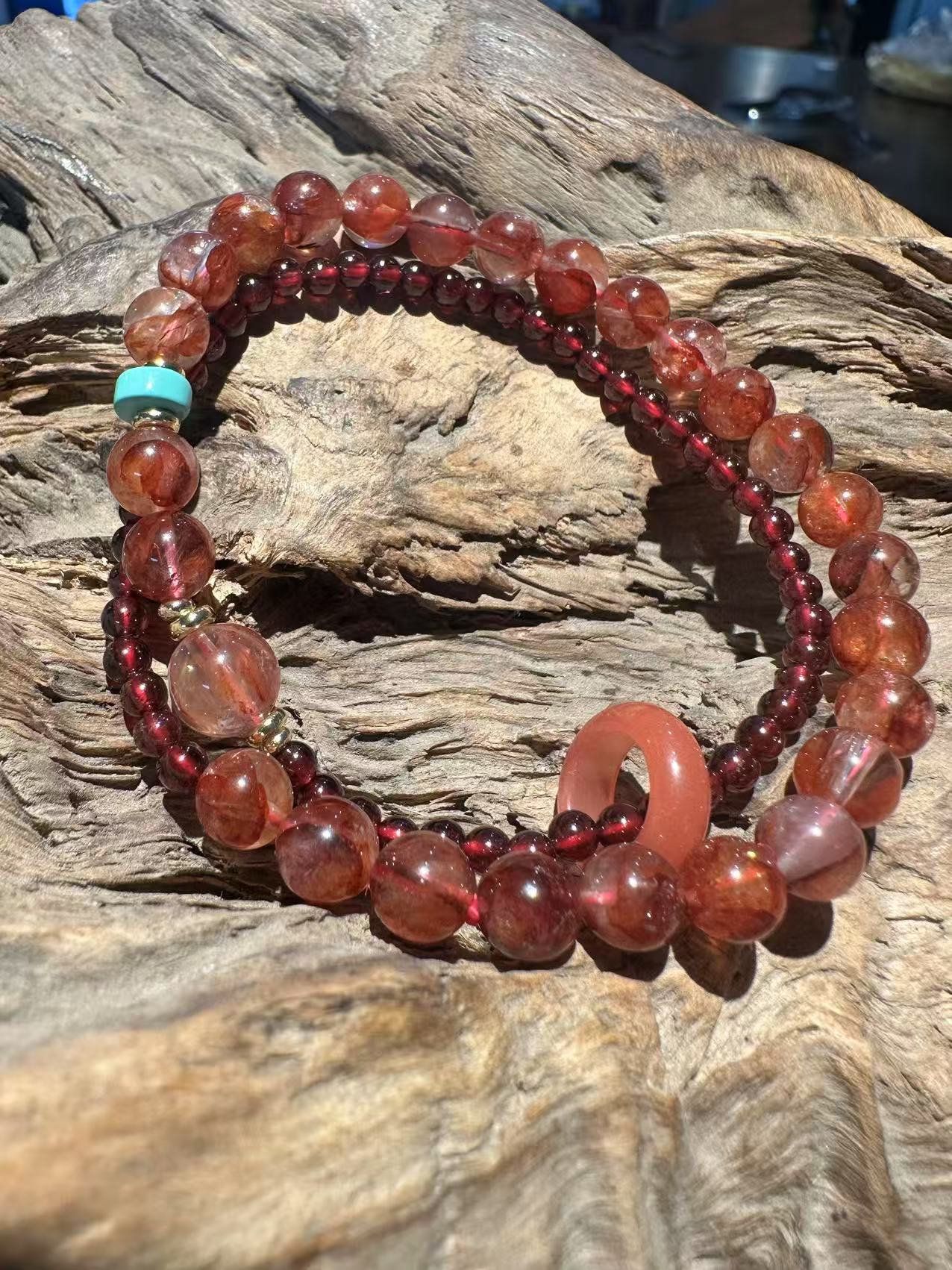 Fiery Natural Crystal Bracelet Set: Strawberry Quartz & Garnet with Matching Ring
