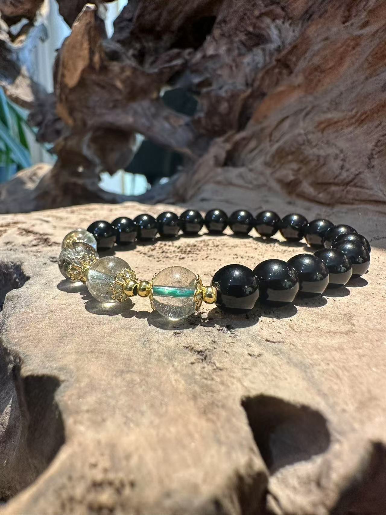 Natural Black Obsidian & Green Phantom Quartz Bracelet