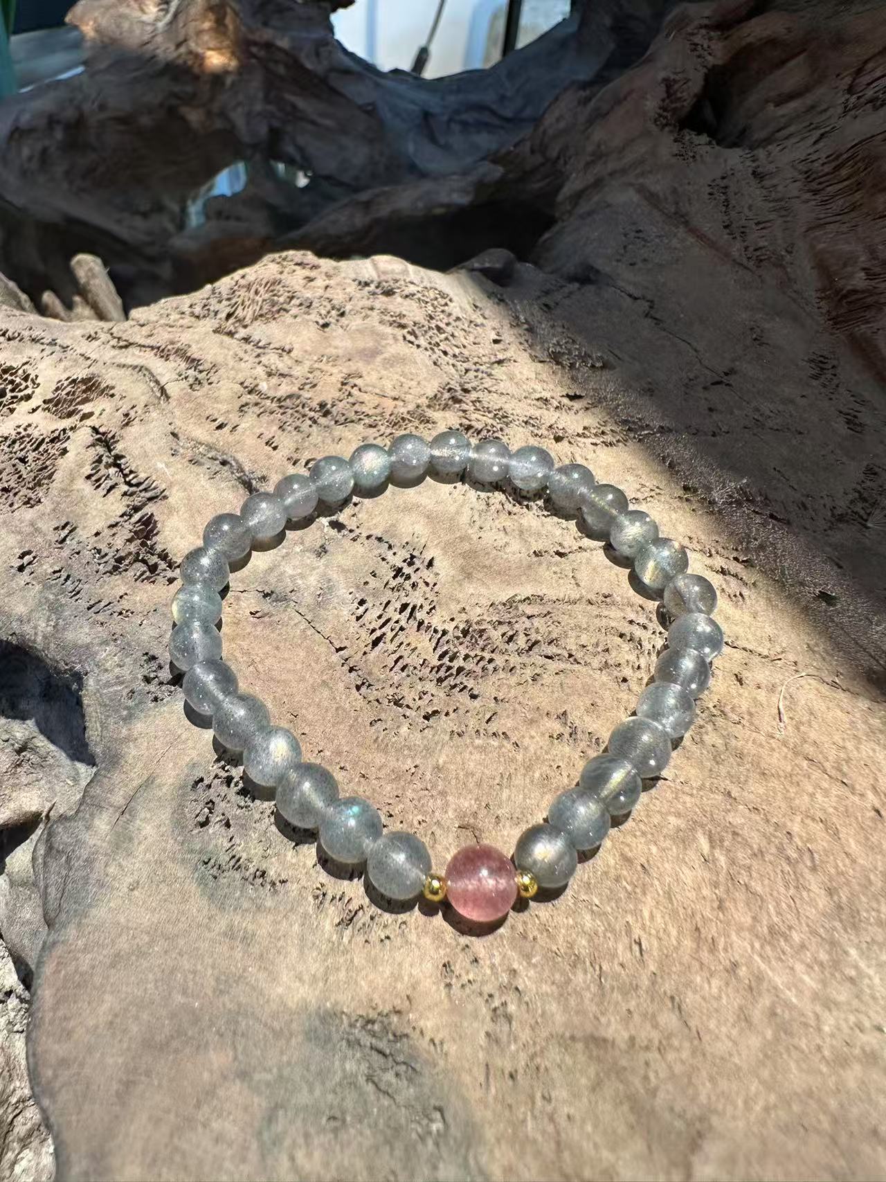 Natural Labradorite and Strawberry Quartz Accent Bracelet