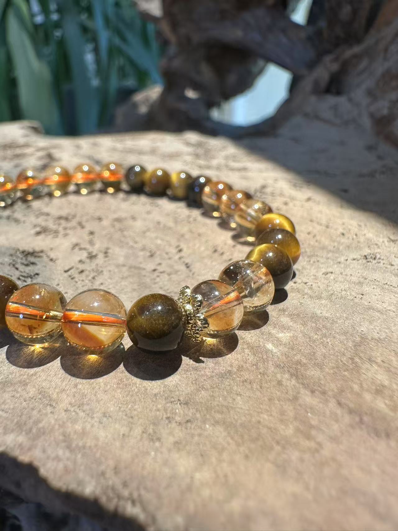 Natural Golden Tiger's Eye and Rutilated Quartz Bracelet