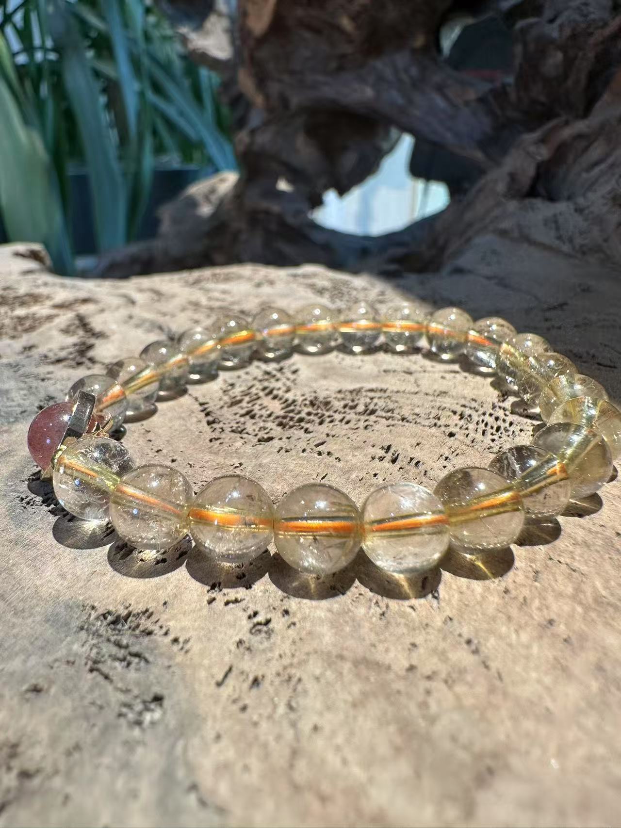 Natural Rutilated Quartz Bracelet with Red Hematite Inclusion Sphere