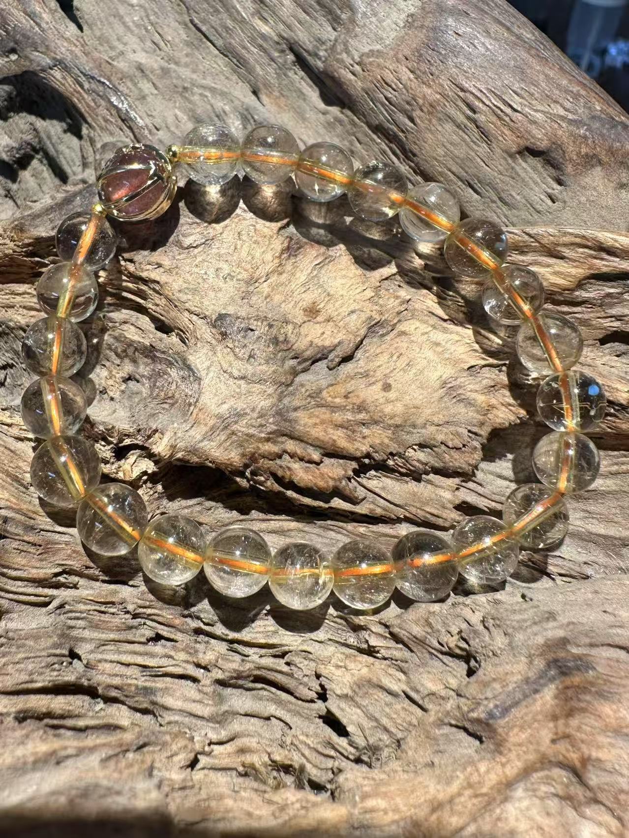 Natural Rutilated Quartz Bracelet with Red Hematite Inclusion Sphere