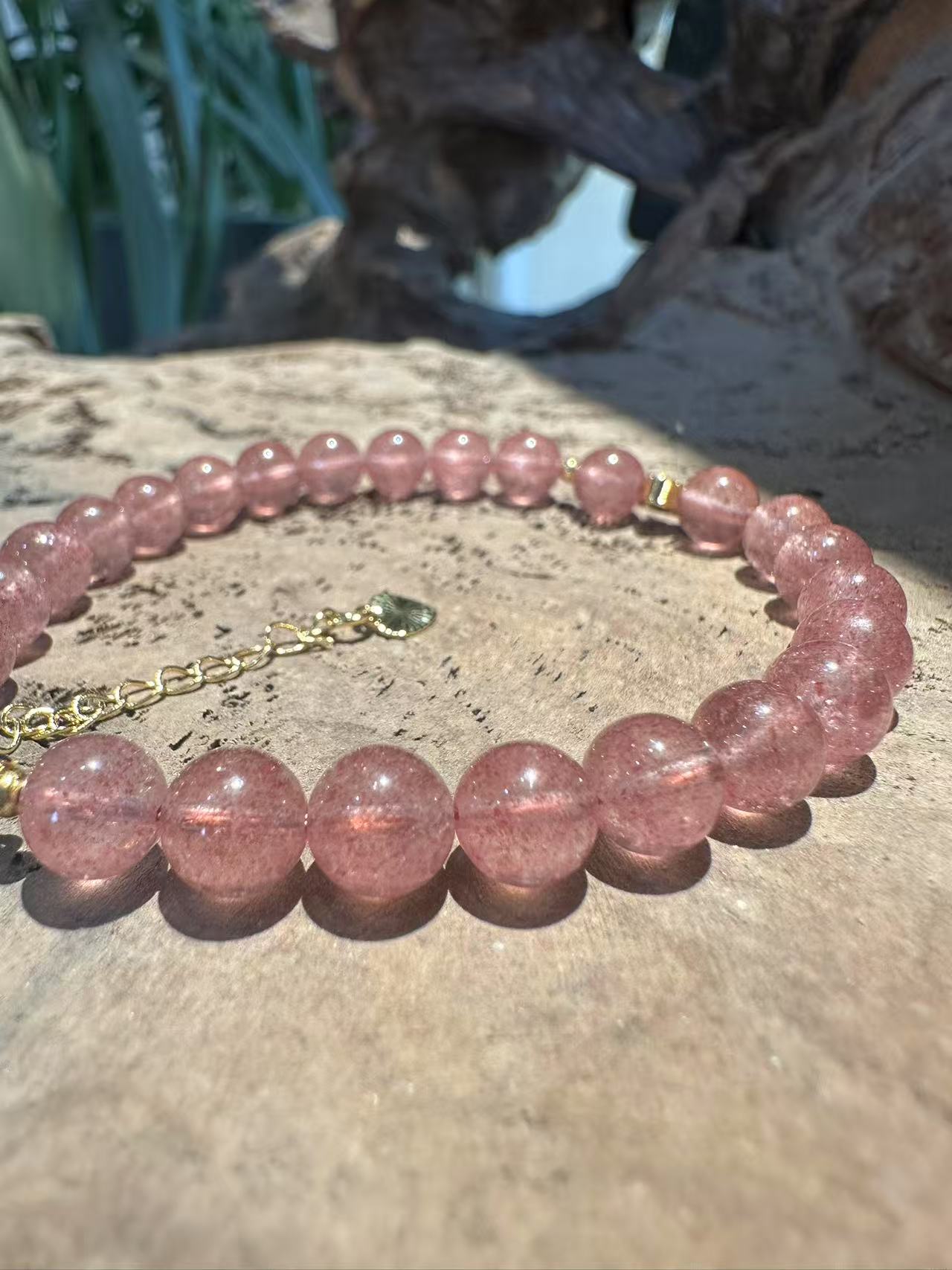 Natural Strawberry Quartz Bracelet with Gold Heart Charm
