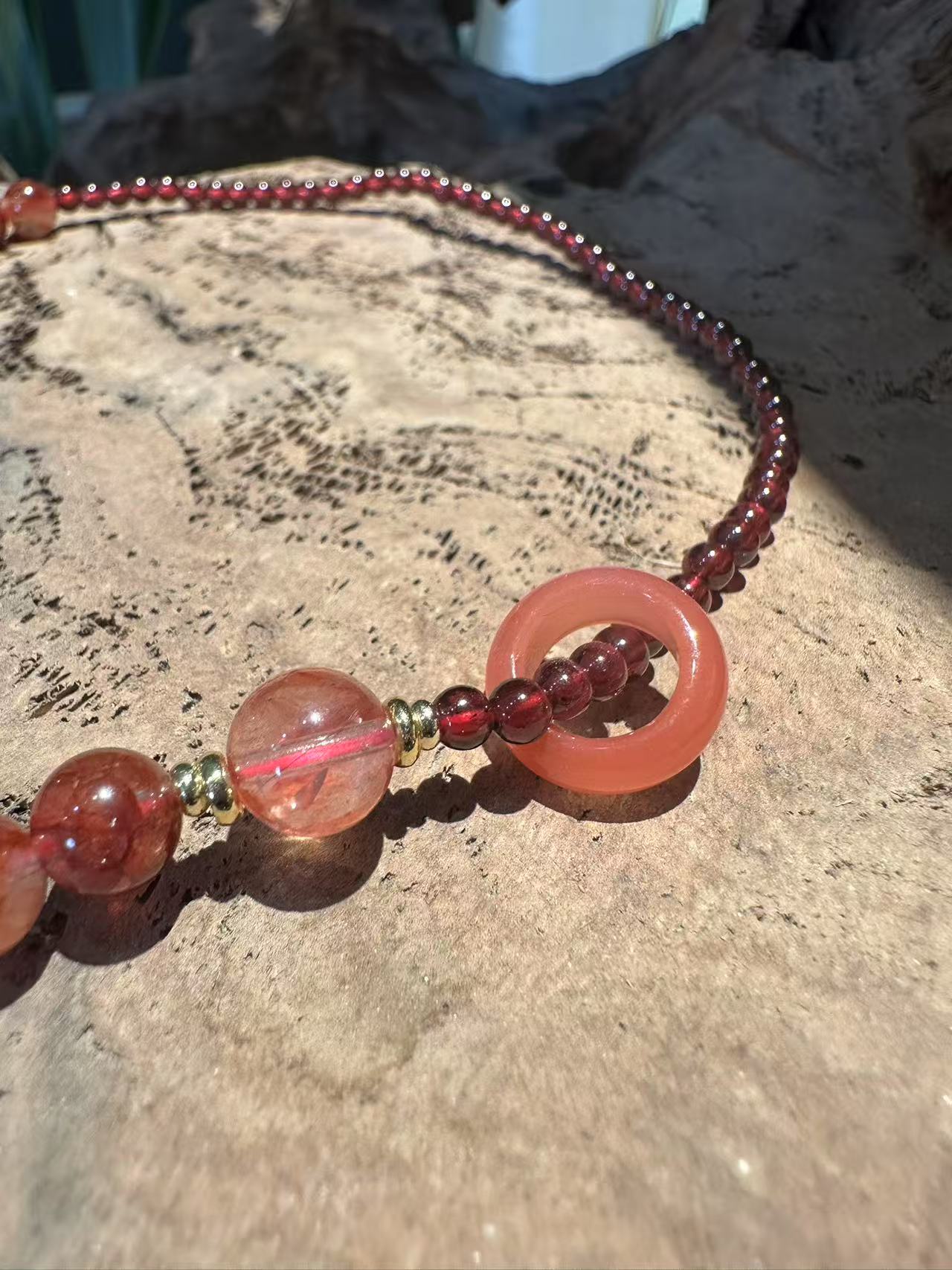 Fiery Natural Crystal Bracelet Set: Strawberry Quartz & Garnet with Matching Ring