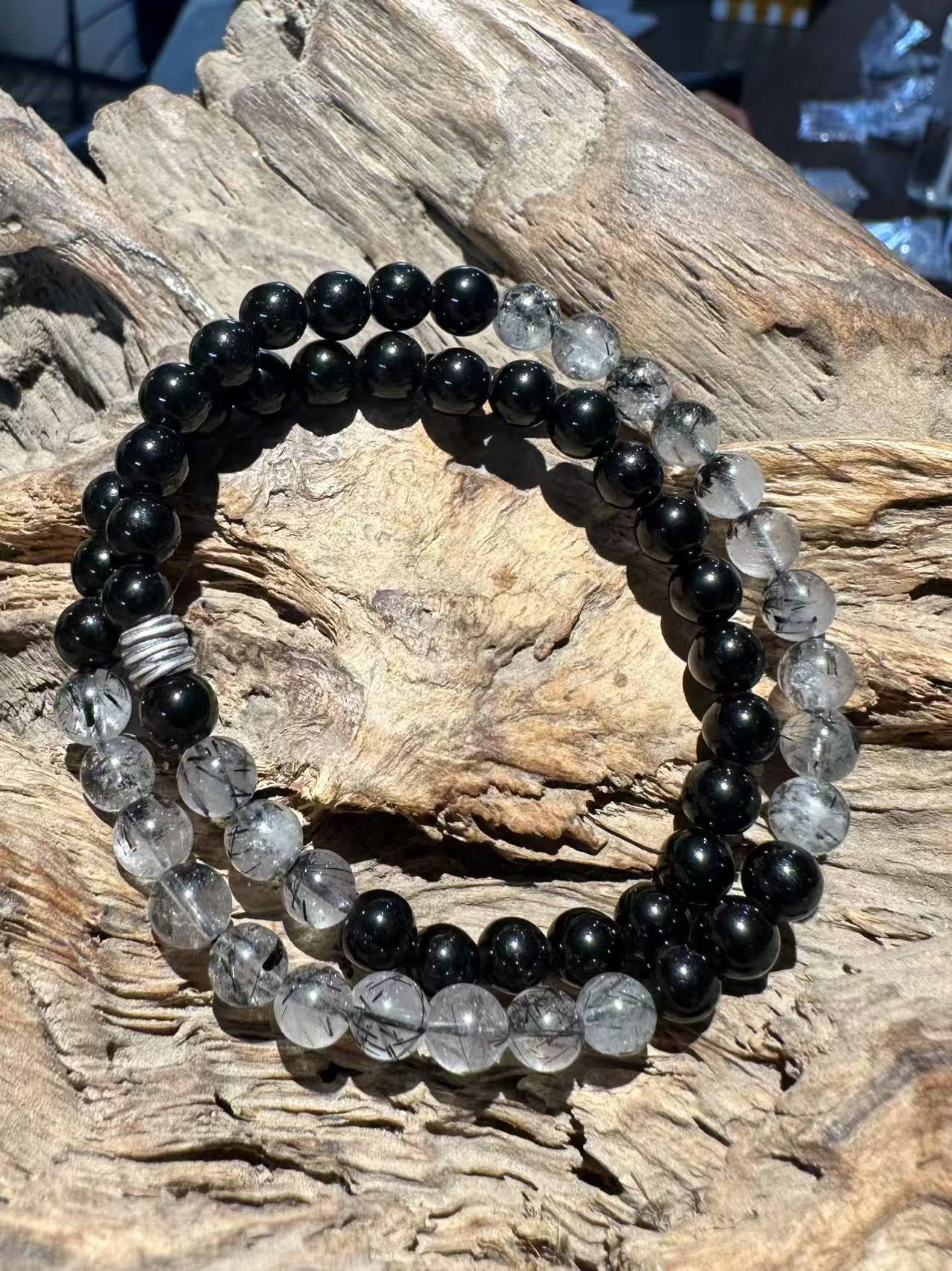 Dual Strand Natural Crystal Bracelet Set: Black Obsidian & Tourmalinated Quartz