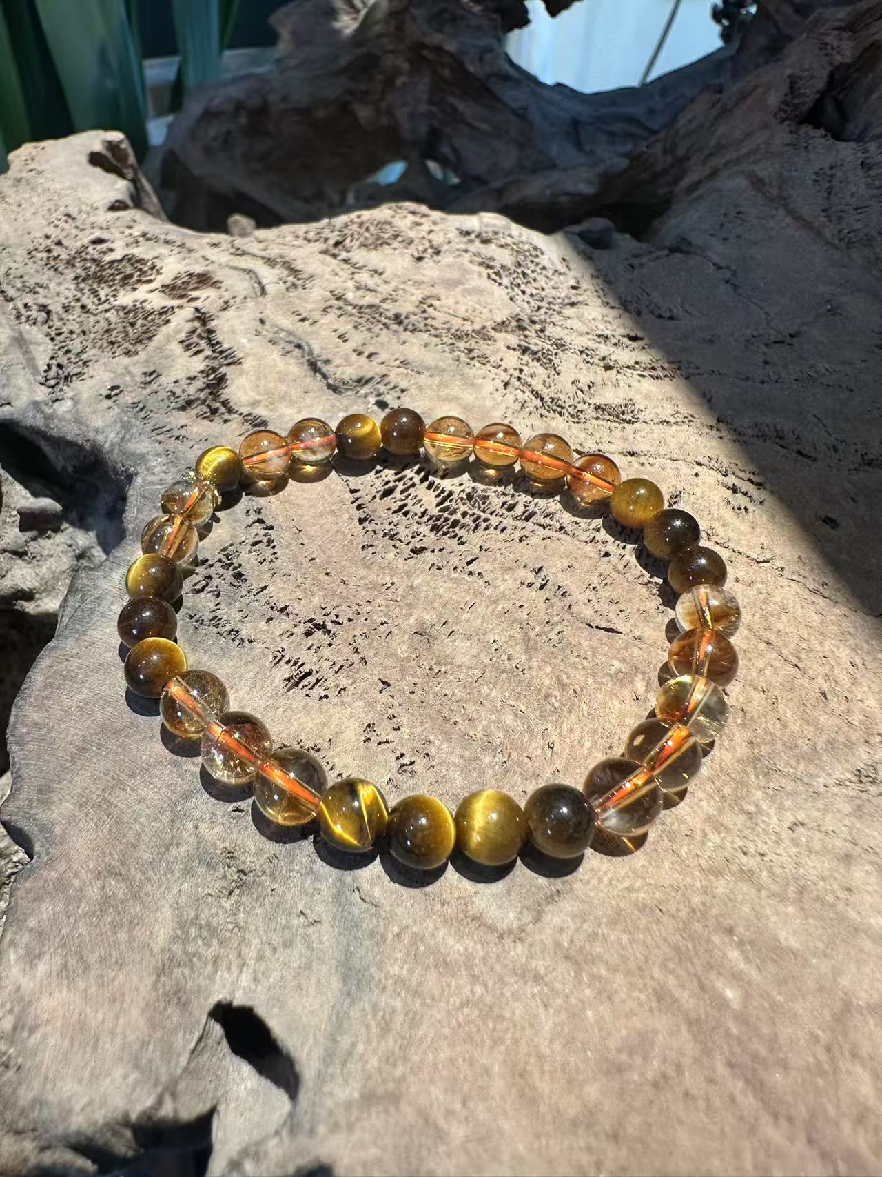 Natural Golden Tiger's Eye and Rutilated Quartz Bracelet