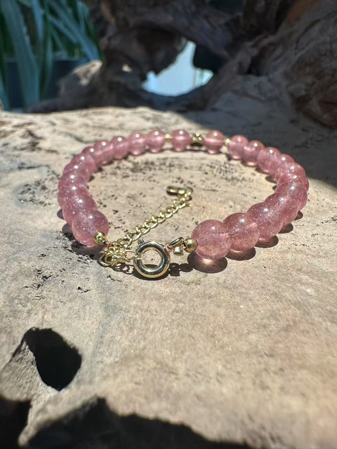 Natural Strawberry Quartz Bracelet with Gold Heart Charm