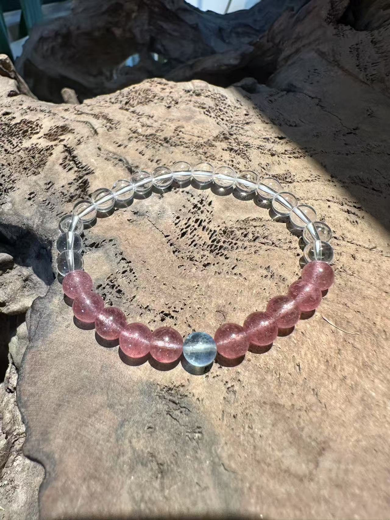 Natural Crystal Trio Bracelet: Clear Quartz, Strawberry Quartz & Aquamarine