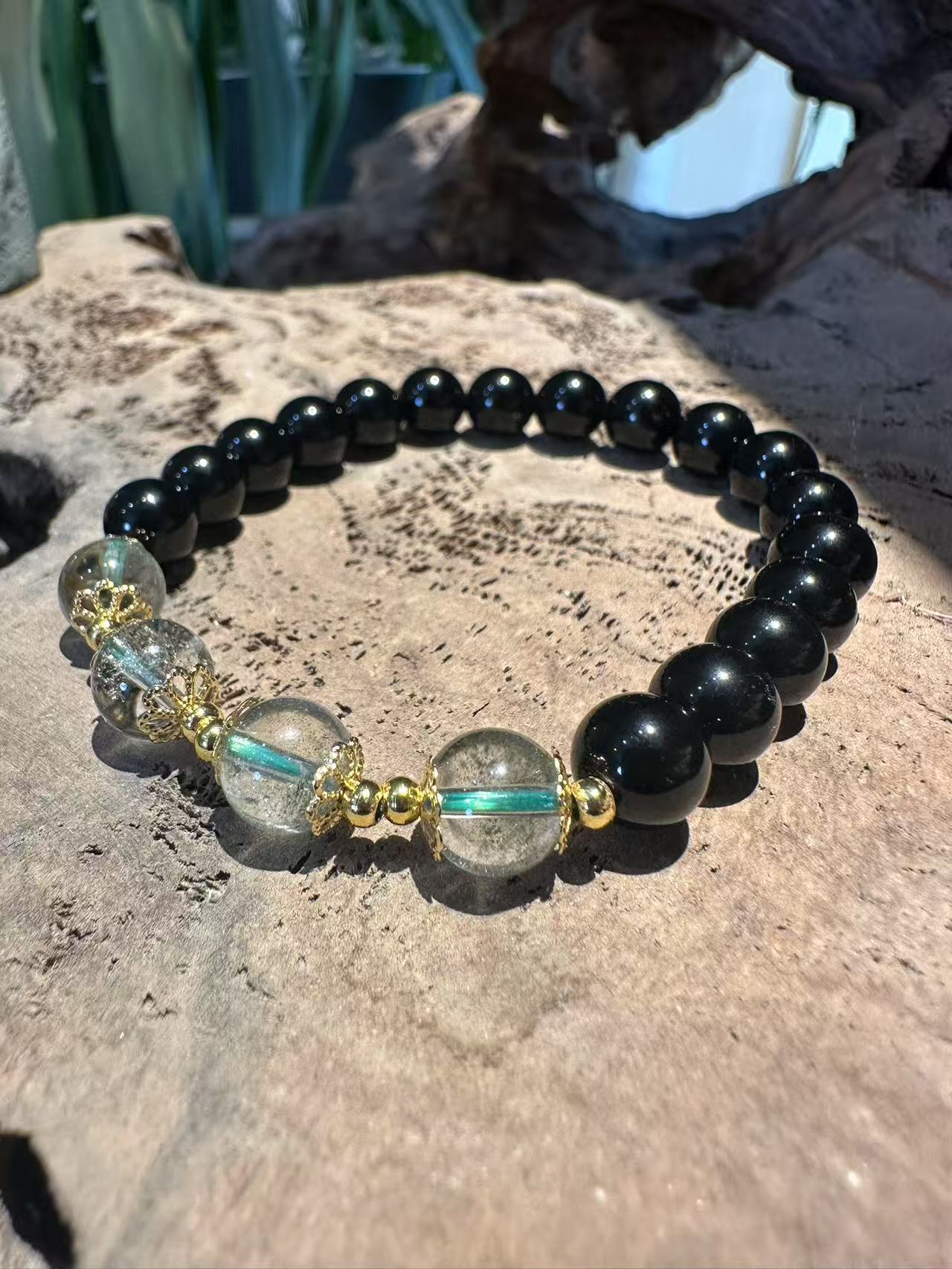 Natural Black Obsidian & Green Phantom Quartz Bracelet