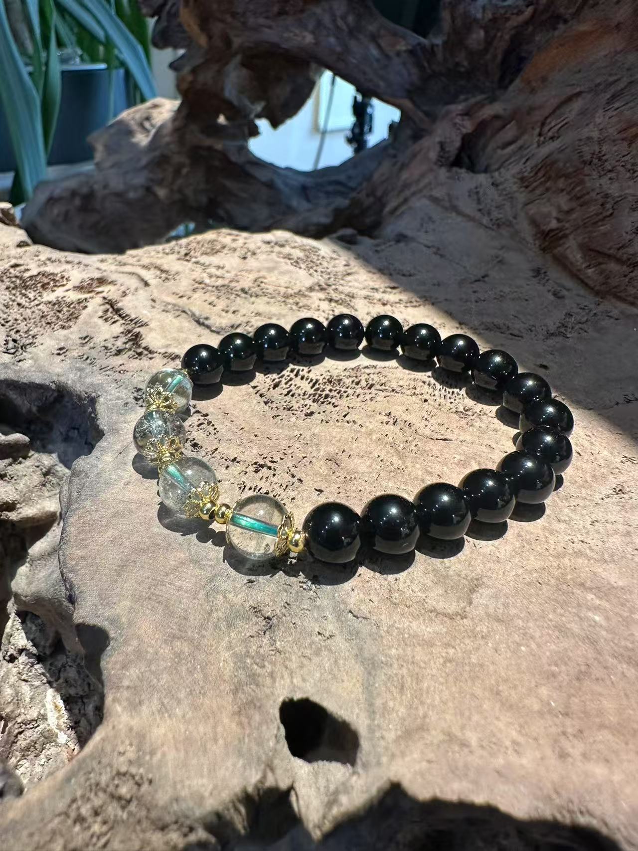 Natural Black Obsidian & Green Phantom Quartz Bracelet