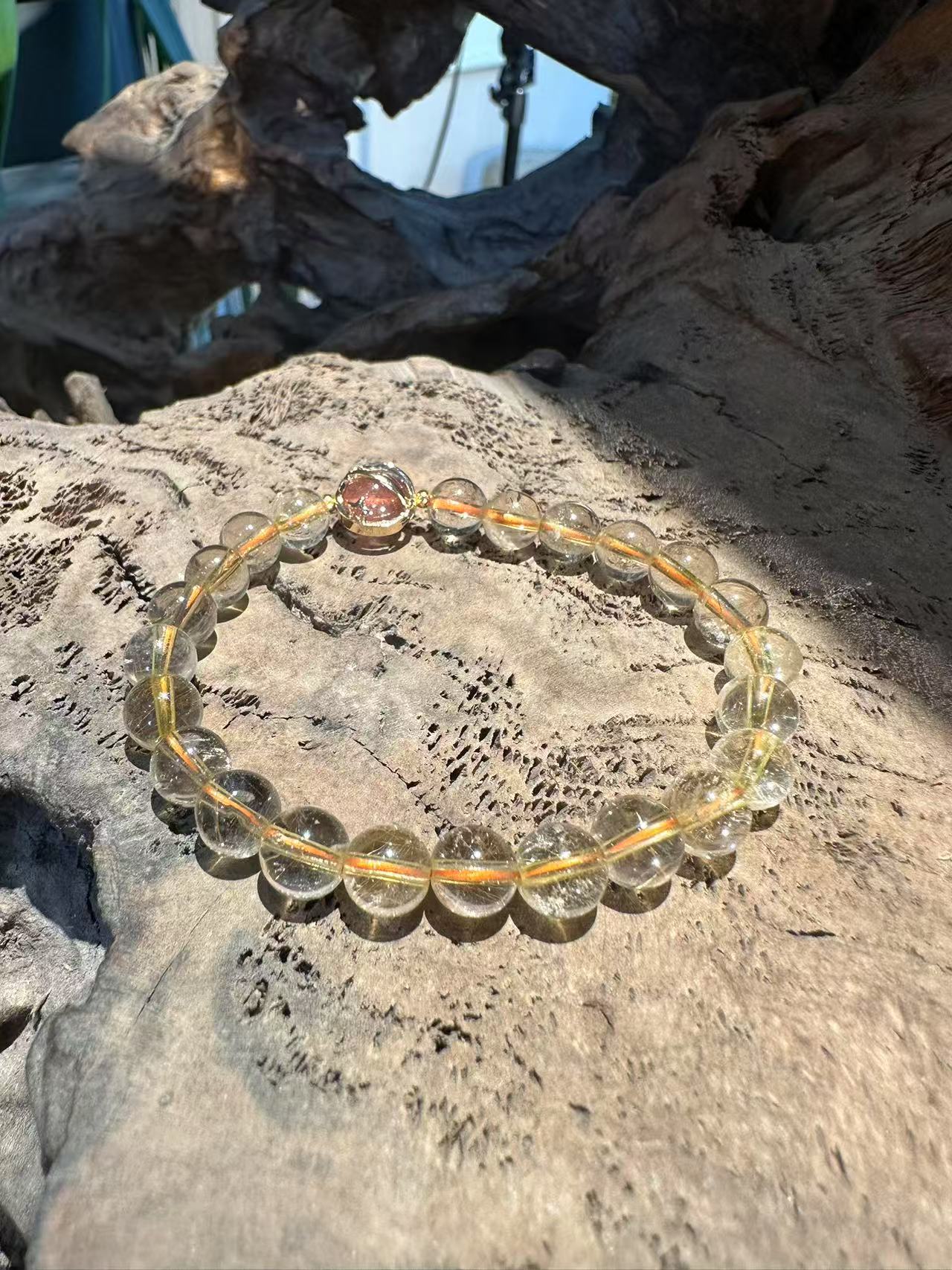 Natural Rutilated Quartz Bracelet with Red Hematite Inclusion Sphere