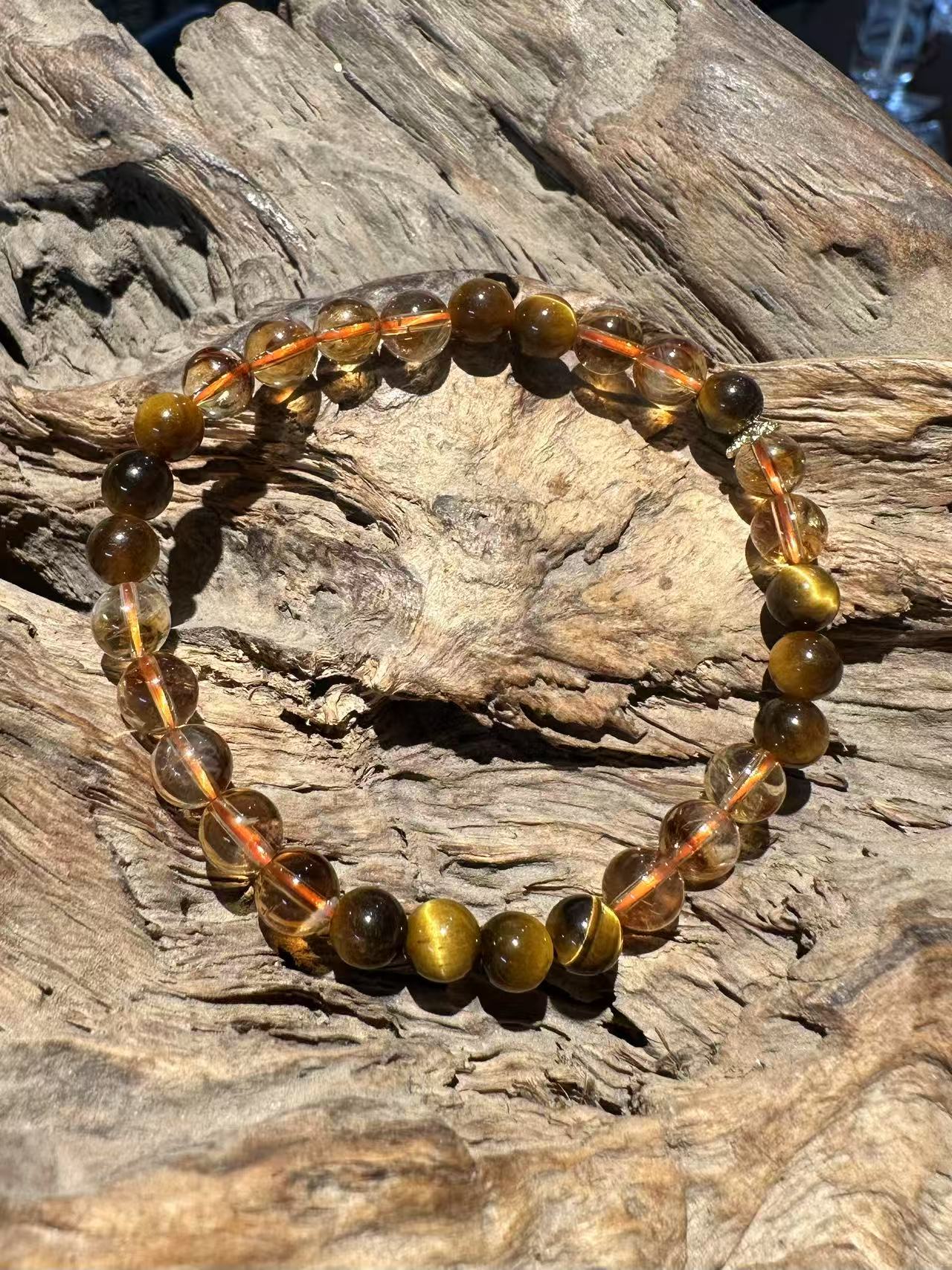 Natural Golden Tiger's Eye and Rutilated Quartz Bracelet