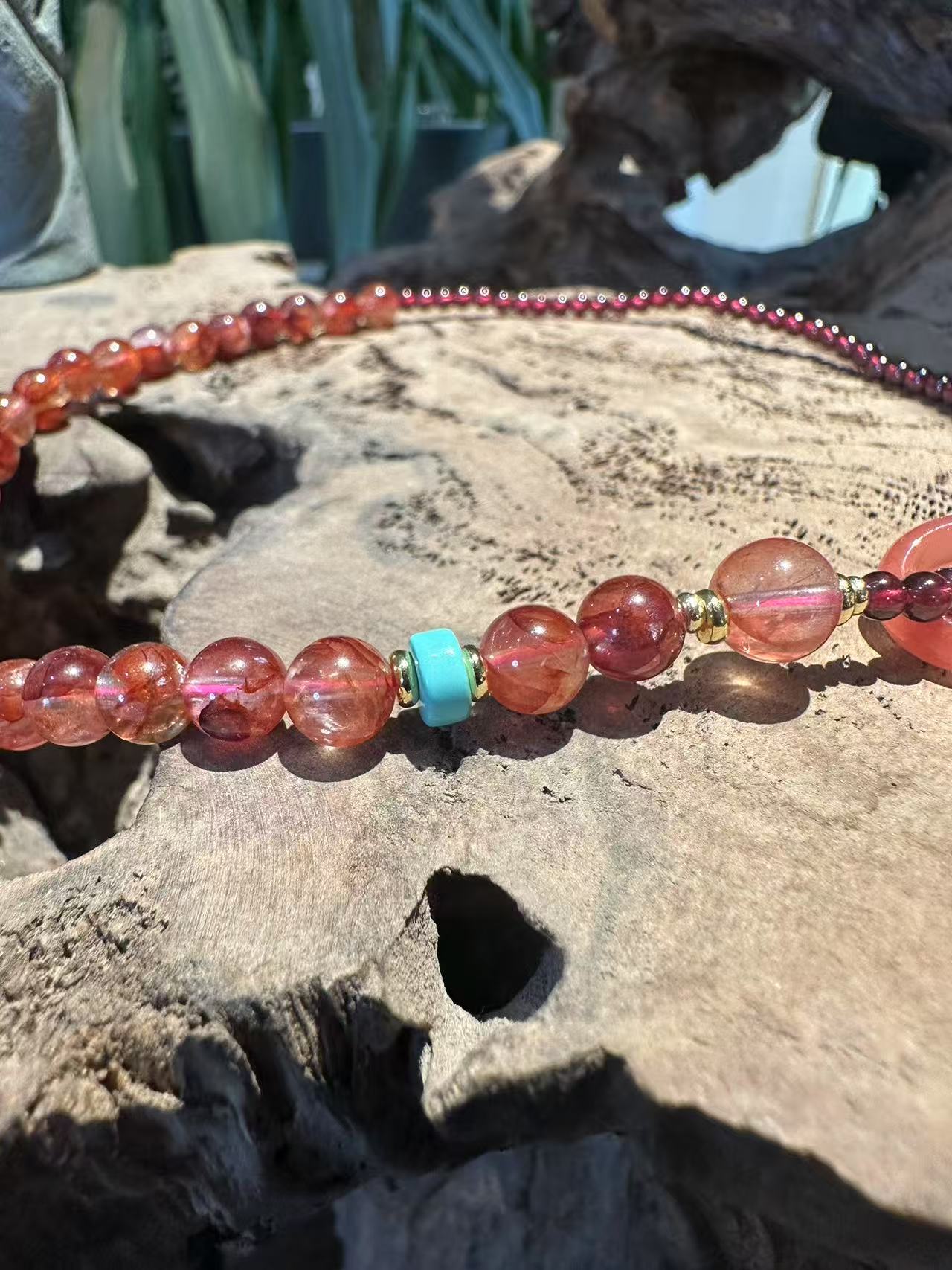 Fiery Natural Crystal Bracelet Set: Strawberry Quartz & Garnet with Matching Ring