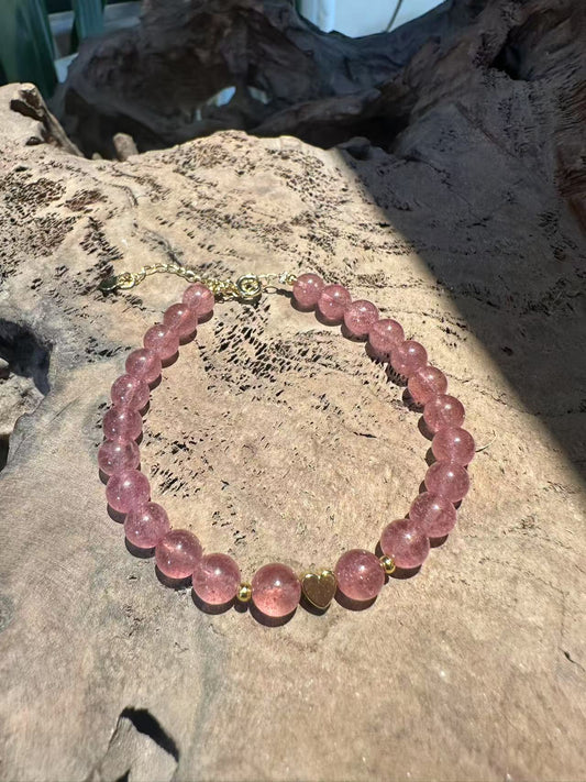 Natural Strawberry Quartz Bracelet with Gold Heart Charm