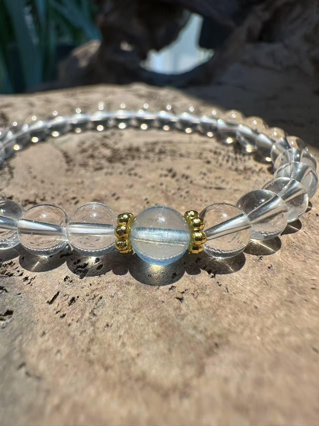 Natural Clear Quartz and Blue Aquamarine Beaded Bracelet