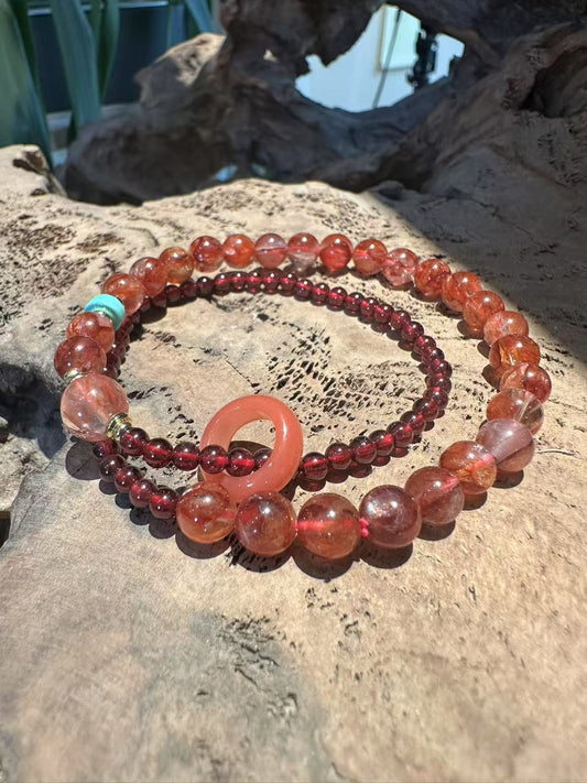 Fiery Natural Crystal Bracelet Set: Strawberry Quartz & Garnet with Matching Ring
