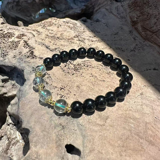 Natural Black Obsidian & Green Phantom Quartz Bracelet
