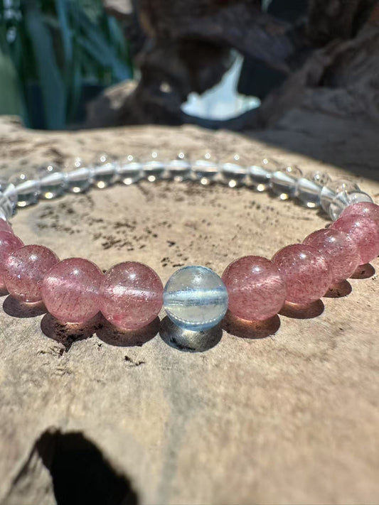 Natural Crystal Trio Bracelet: Clear Quartz, Strawberry Quartz & Aquamarine