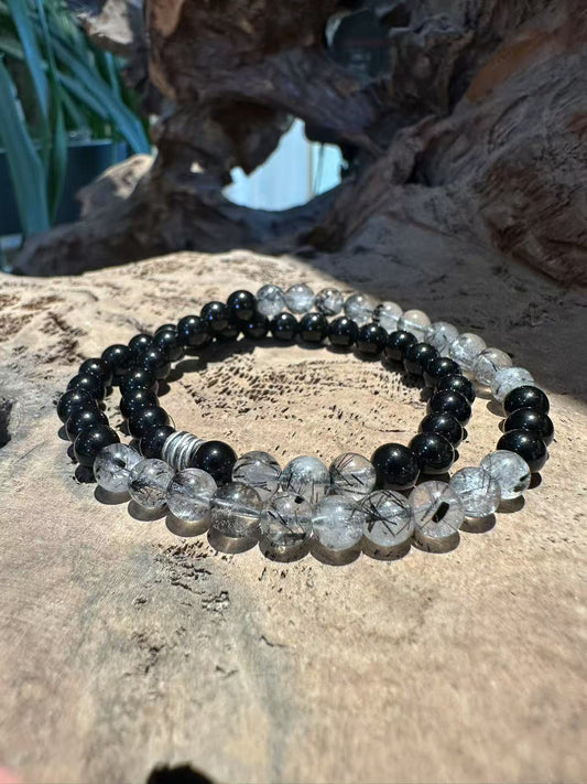 Dual Strand Natural Crystal Bracelet Set: Black Obsidian & Tourmalinated Quartz