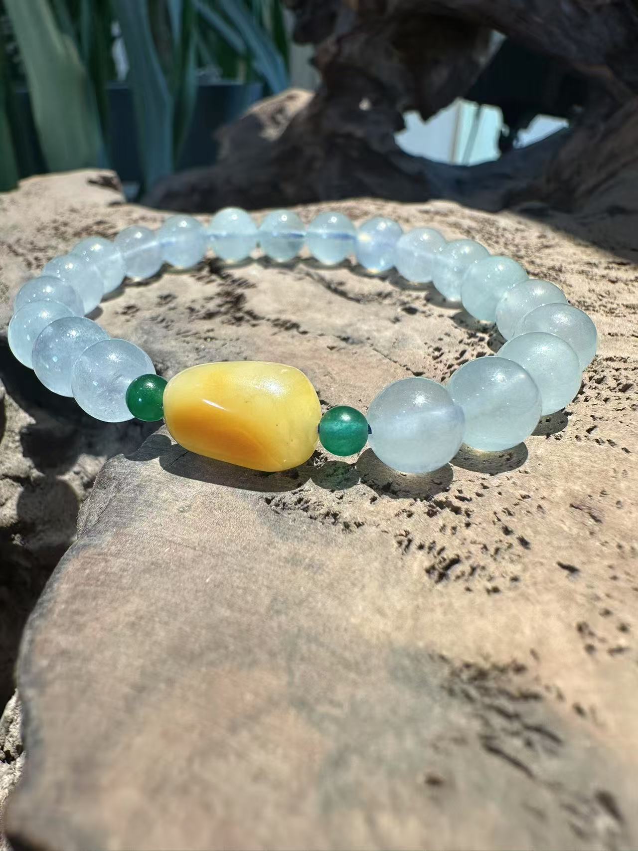 Natural Aquamarine, Yellow Jade & Green Jadeite Bracelet