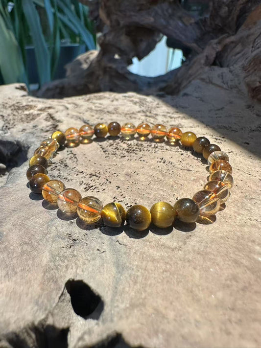 Natural Golden Tiger's Eye and Rutilated Quartz Bracelet