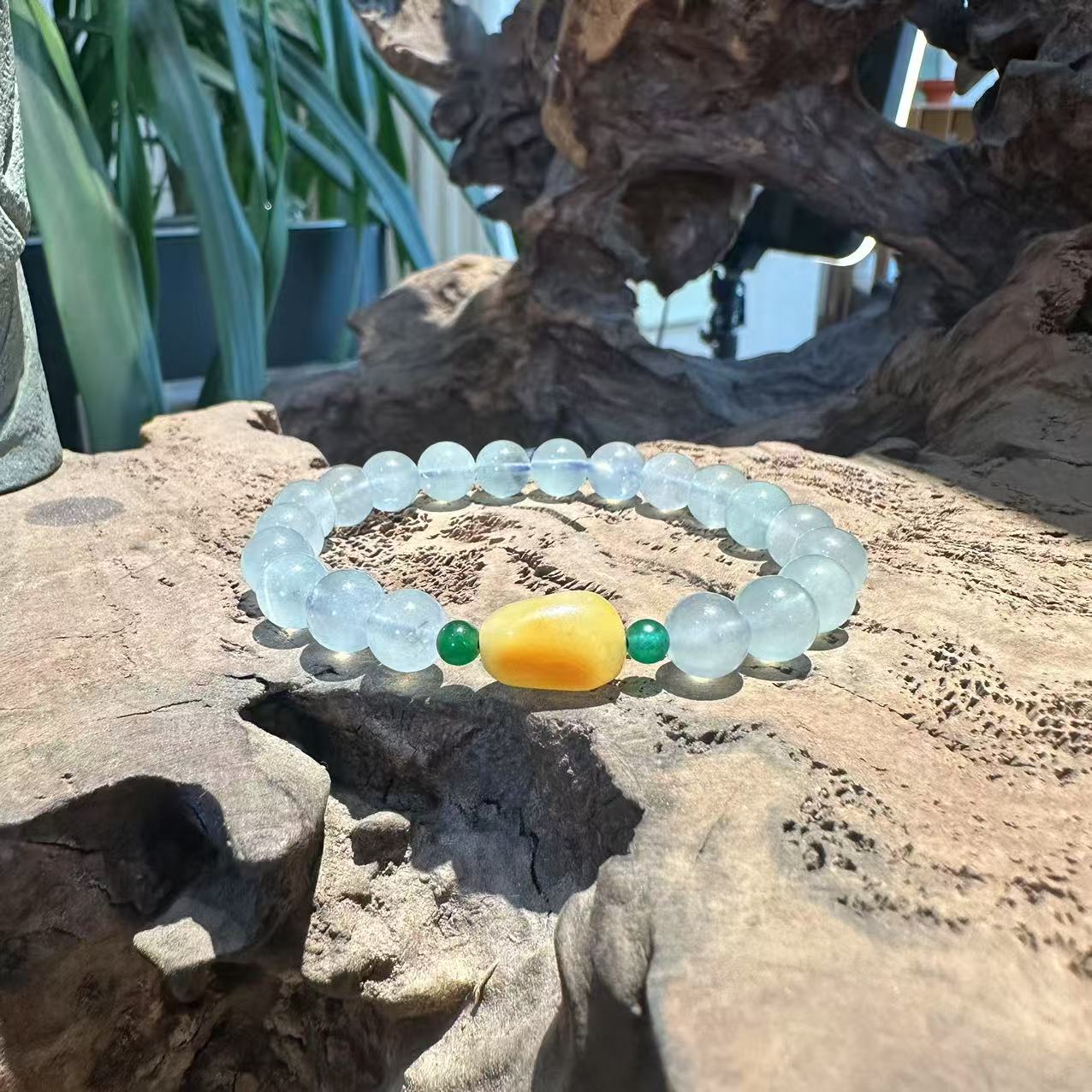 Natural Aquamarine, Yellow Jade & Green Jadeite Bracelet